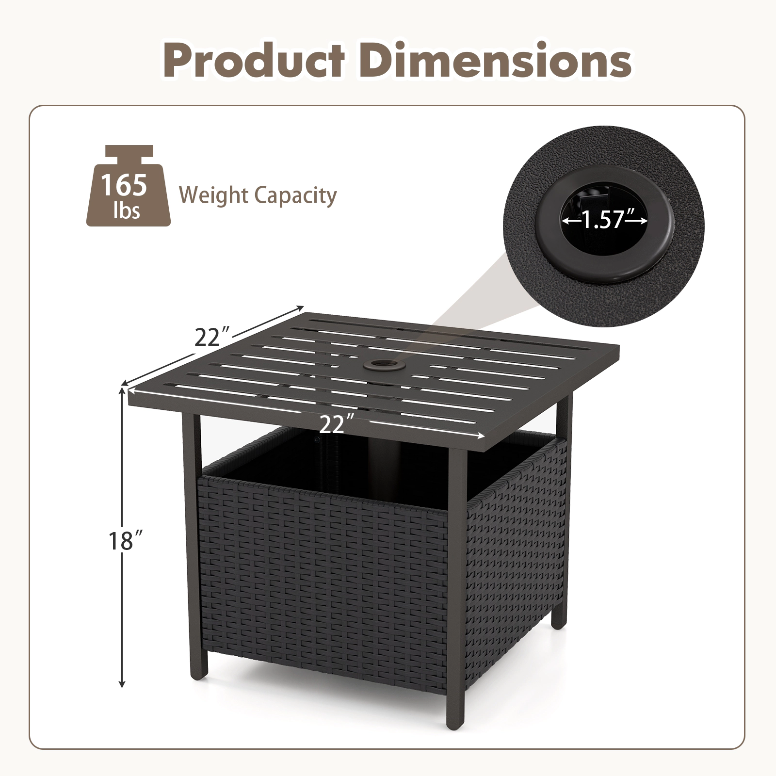 SUGIFT 22-Inch Square Wicker Patio Side Table with Umbrella Hole, PE Rattan and Steel Frame