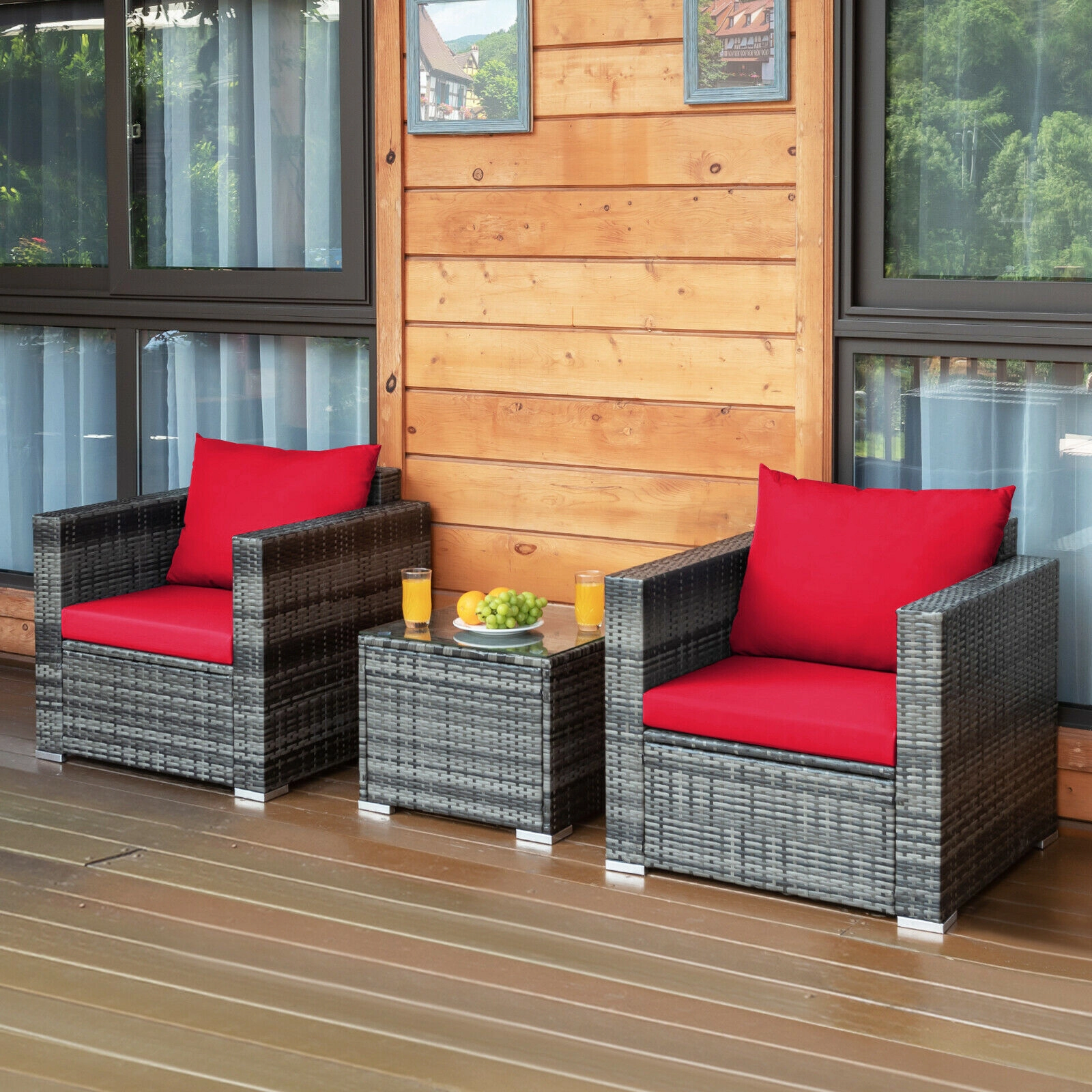 SUGIFT 3-Piece Gray Rattan Outdoor Patio Sofa Set with Cushions and Glass Coffee Table