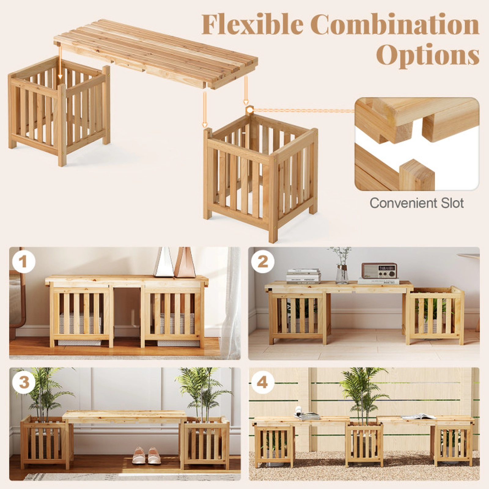 SUGIFT Natural 2 Planters 2-Person Garden Seat 68 Inch Patio Fir Wood Bench