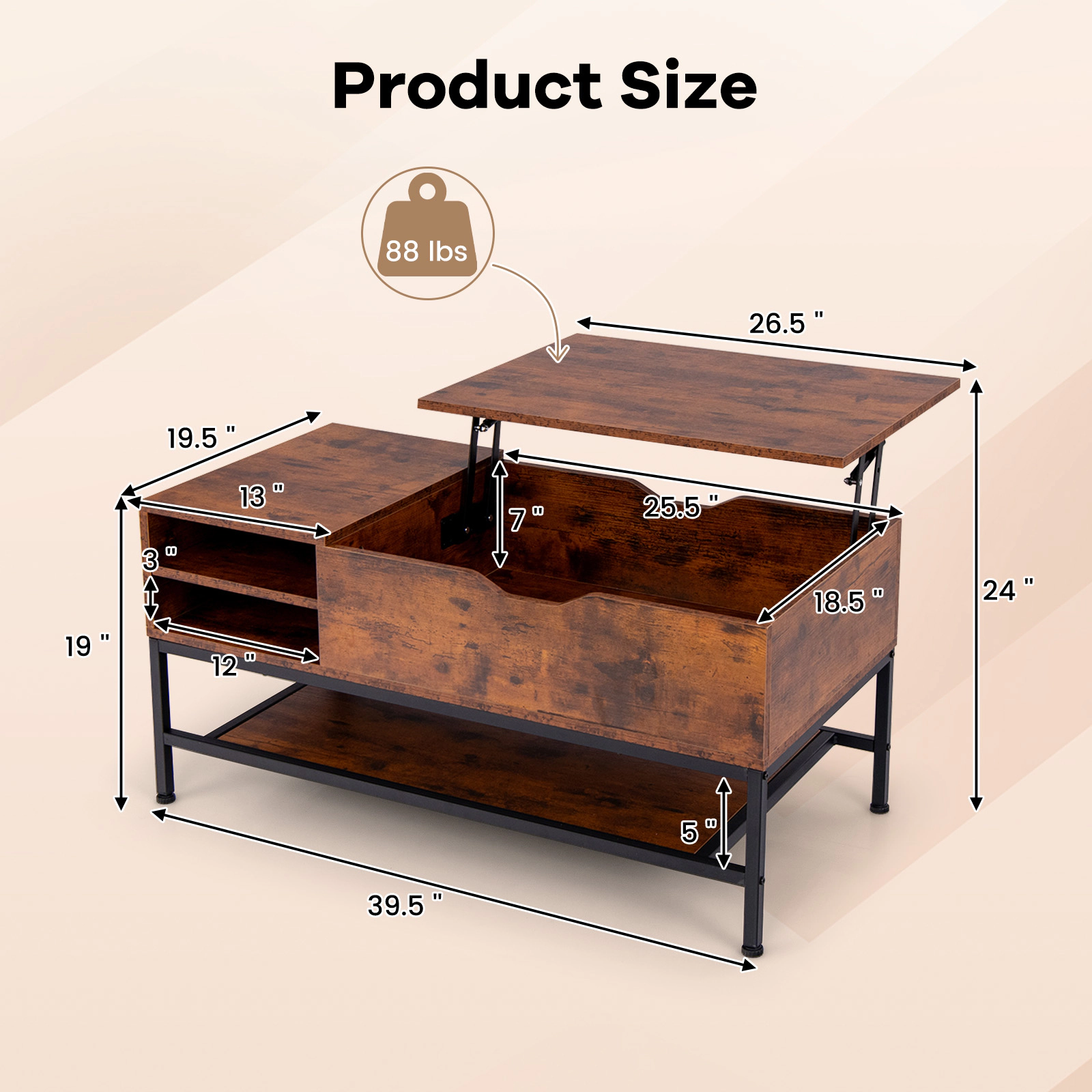 SUGIFT Lift Top Hidden Compartment Removable Shelf Coffee Table 39.5-in x 19.5-in x 19-in 88-lb Capacity Rustic Brown