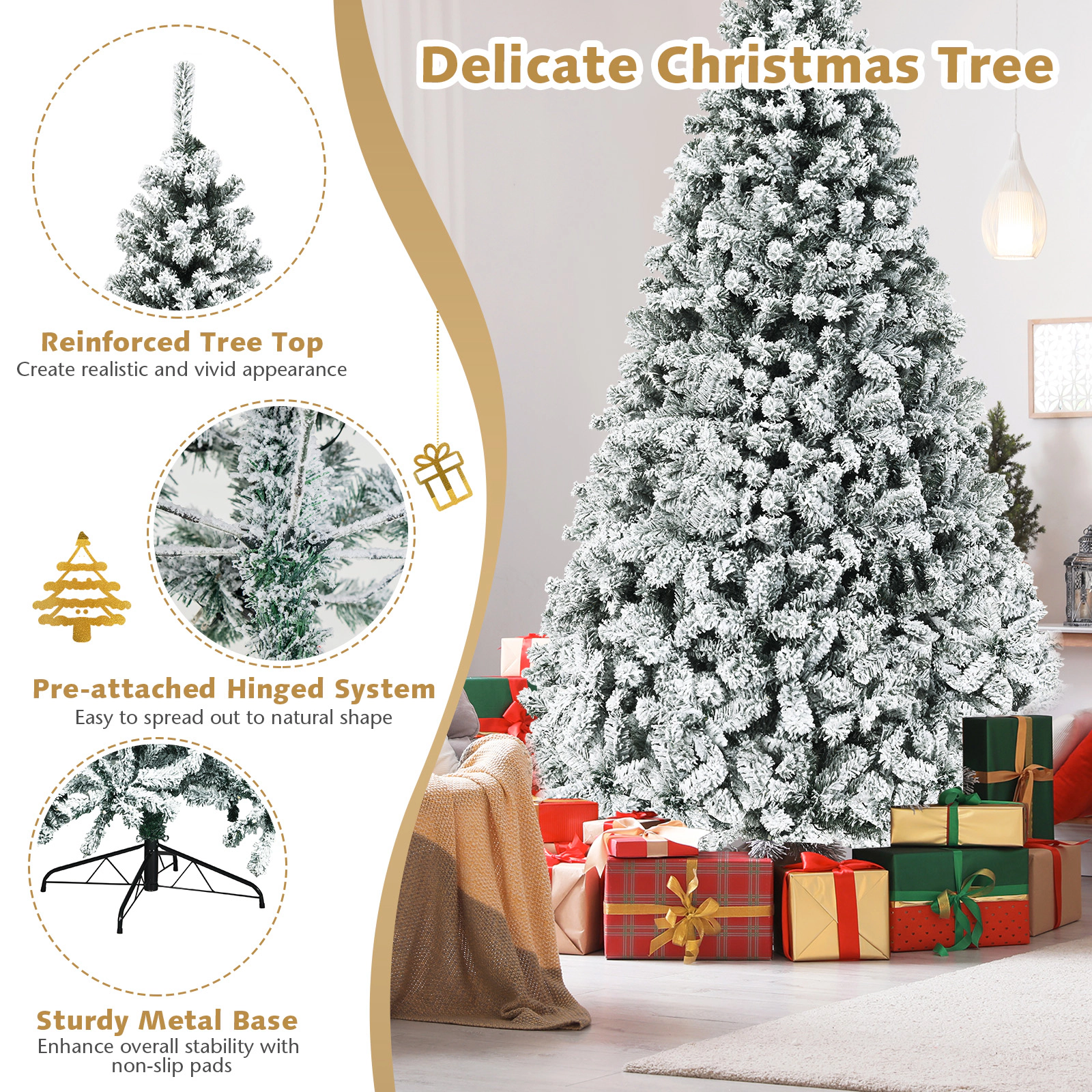 SUGIFT Pre-Lit Snow Flocked Hinged Artificial Christmas Tree 9-ft Tall 5-ft Diameter 1498 Tips 550 LED Lights with Metal