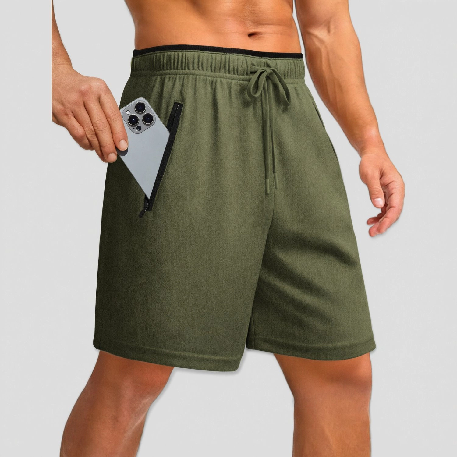 Pinspark Mens Solid Workout Shorts Elastic Waist Drawstring Zip Pockets Gym