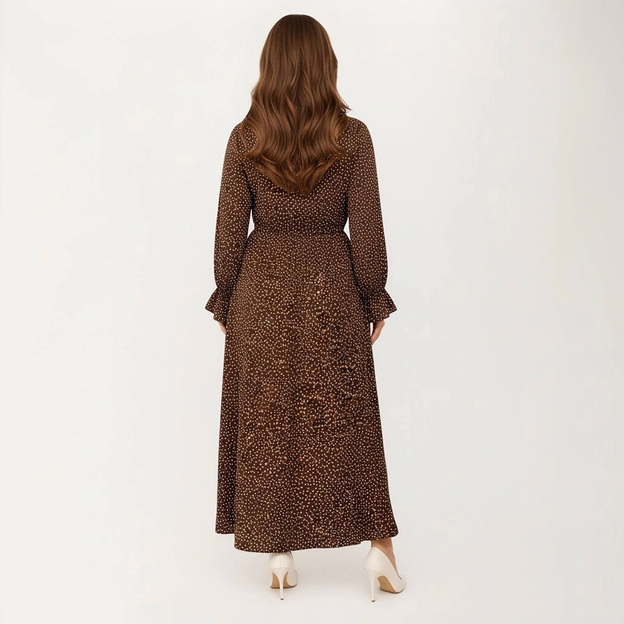 Anna-Kaci Women's Plus Long Sleeve Keyhole Neckline Elastic Waist Flowy A Line Skirt Midi Dress
