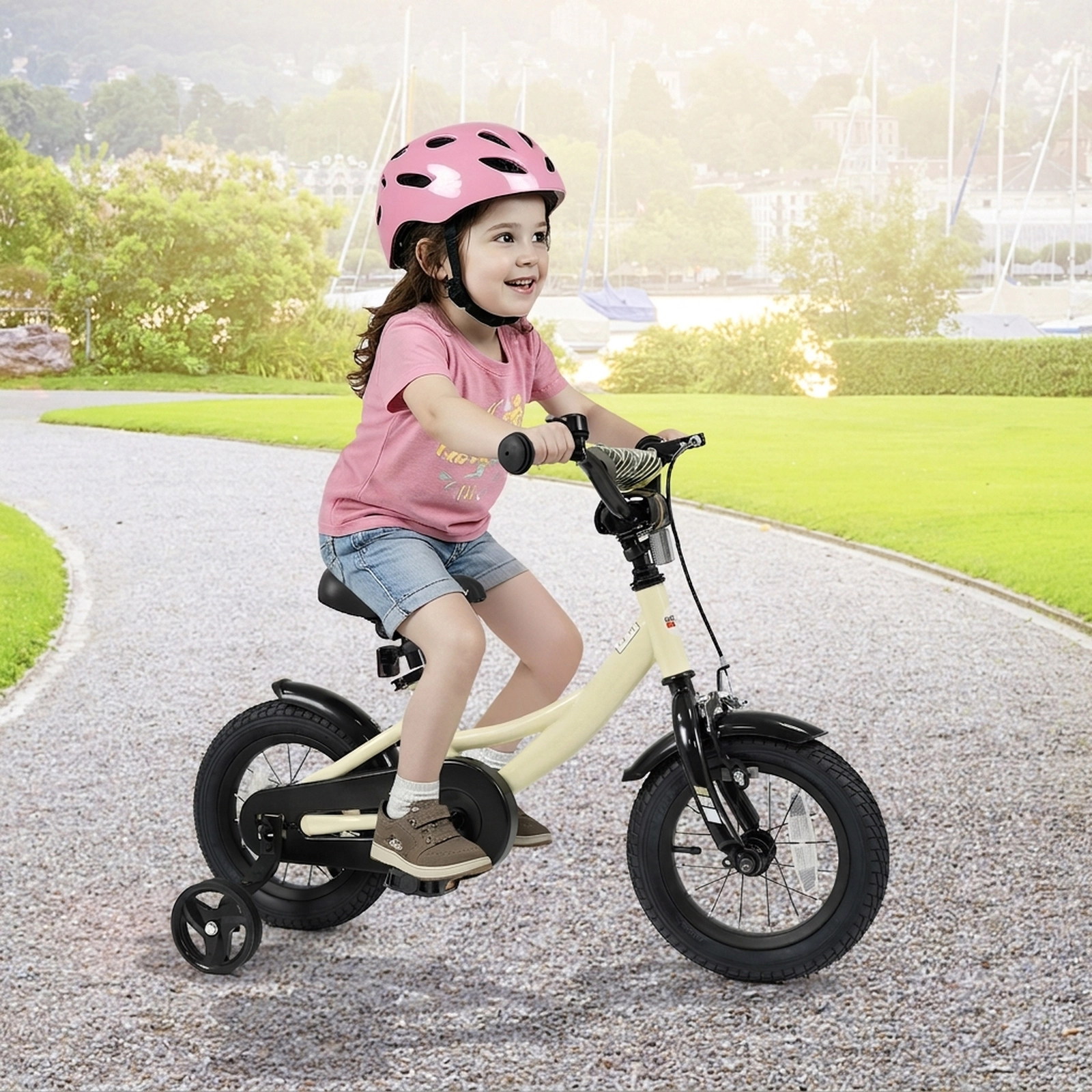 12-in Kids Bike with Removable Training Wheels Anti-Slip Pedals Reflectors and Bell for Ages 3-4 Adjustable Kids Bicycle