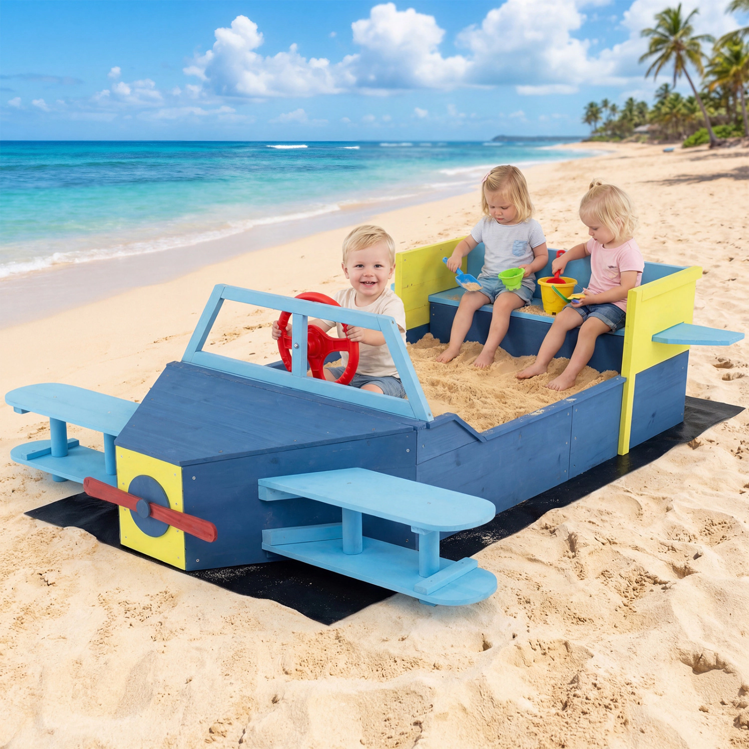 LJG Large Wooden Kids Sandbox with Bottom Liner and Bench Seat
