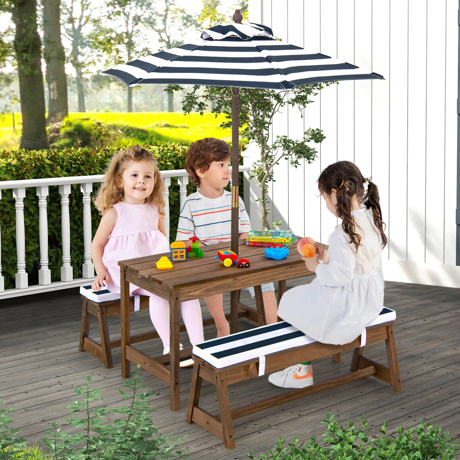 SUGIFT Kids Picnic Table Set, Fir Wood, 2 Padded Benches, Blue Adjustable Umbrella