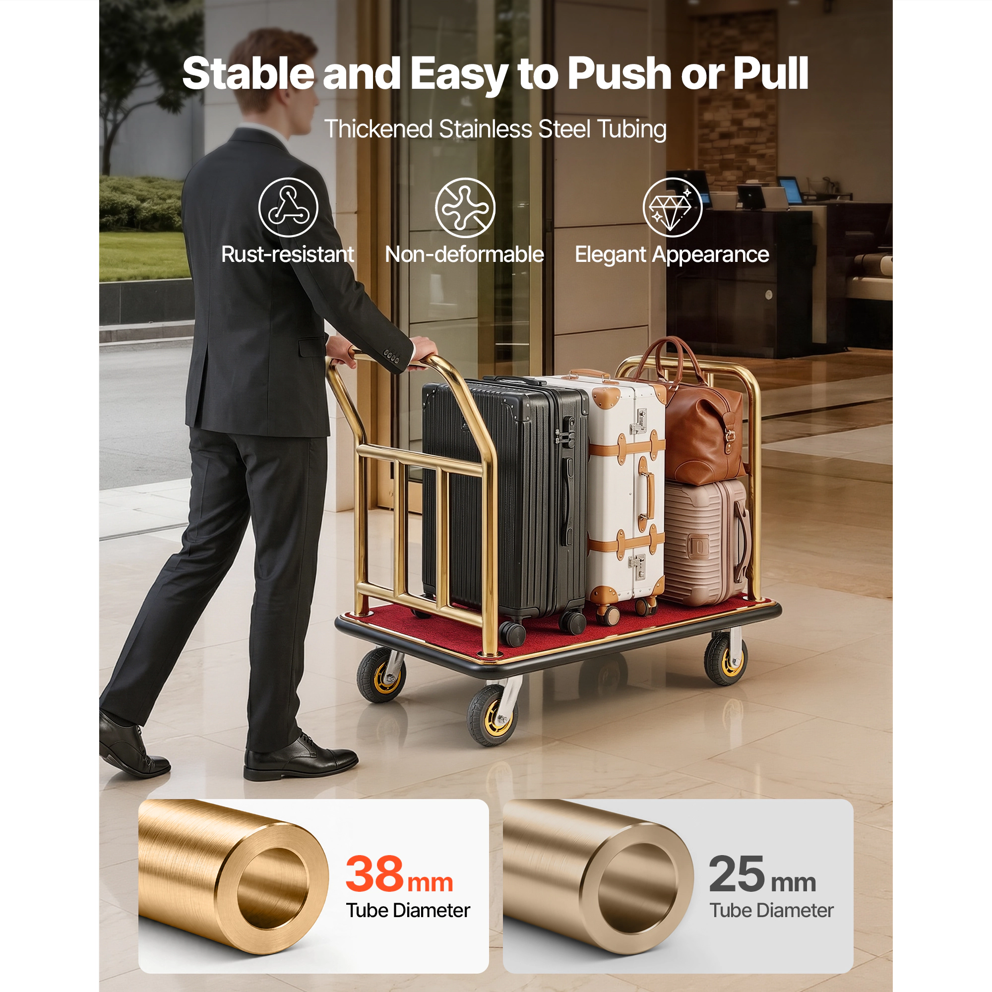 HONGGE Hotel Luggage Cart, Heavy Duty Bellman Cart with Stainless Steel Frame, Rubber Wheels, Carpeted Deck