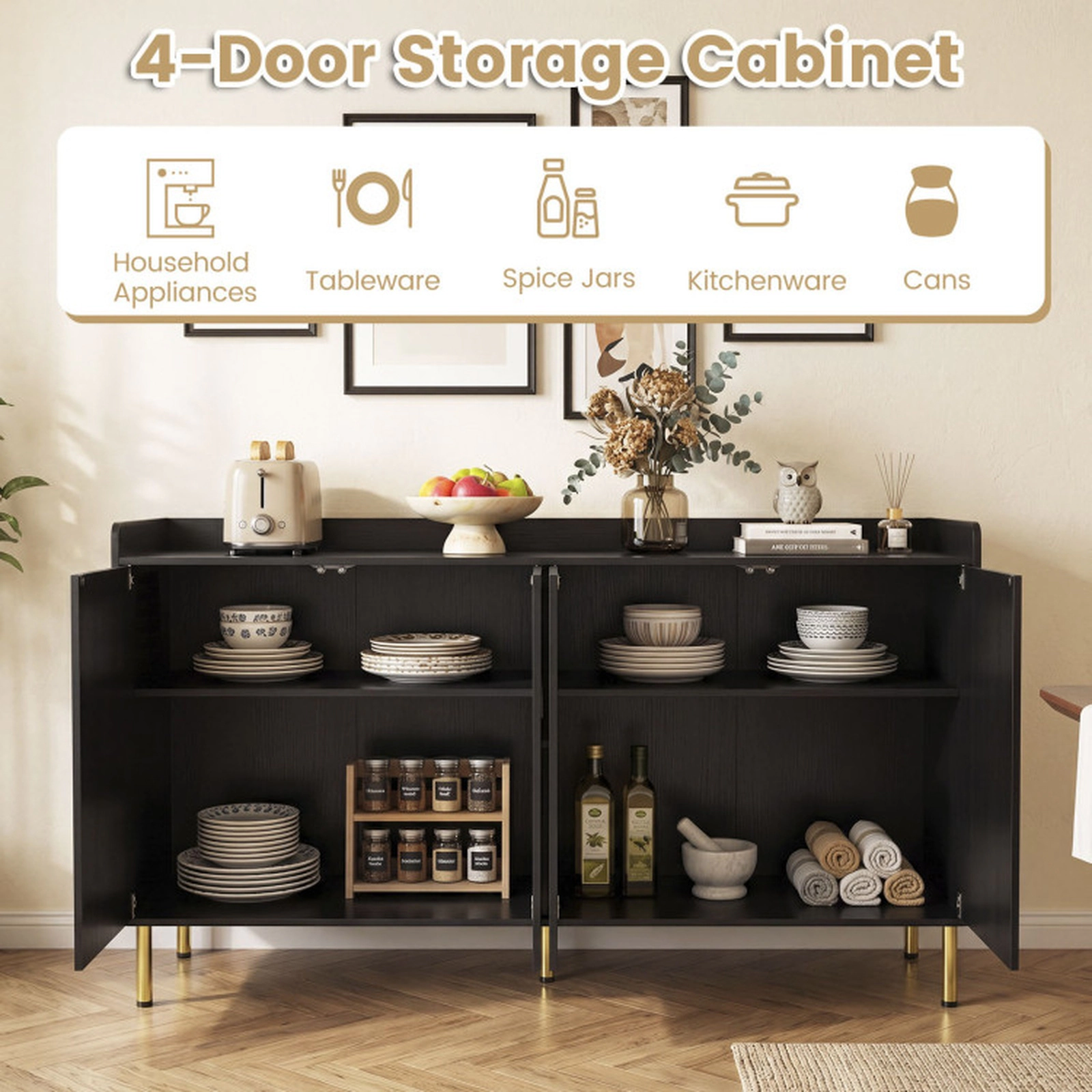 SUGIFT 55-in Buffet Cabinet Sideboard with 4 Doors and 5 Metal Legs 100-lb Top Capacity 72-lb Net Weight Black/White