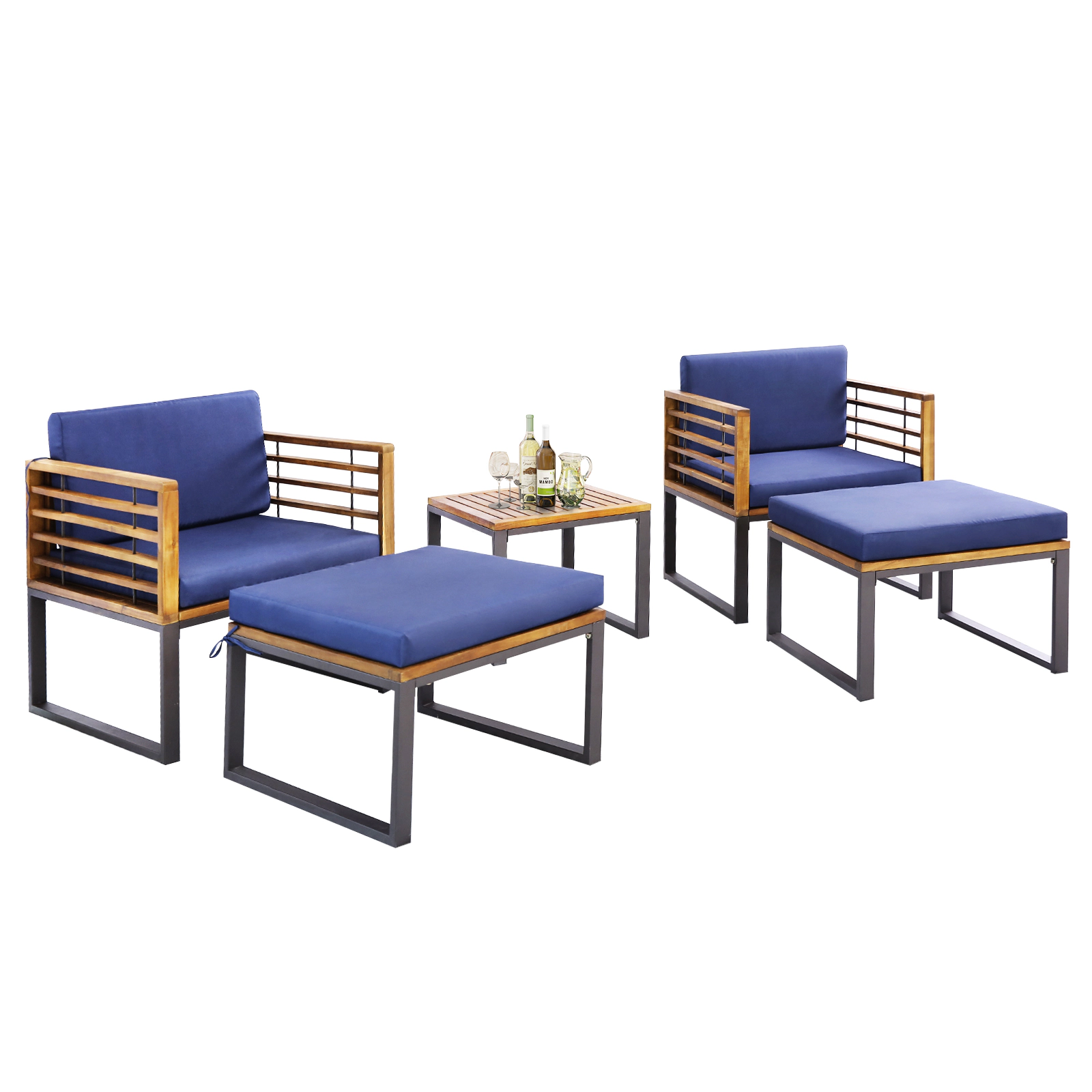 LJG 5 Piece Patio Acacia Wood Chair Set with Ottomans and Coffee Table