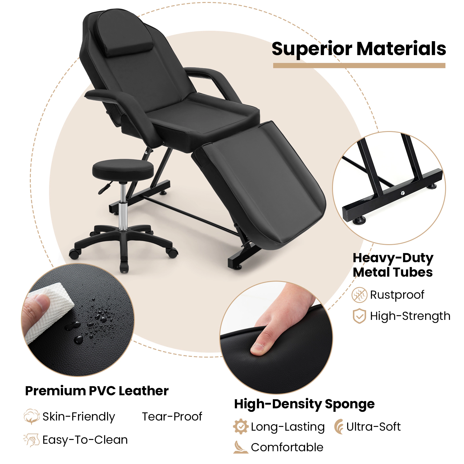 SUGIFT Black Facial Bed and Salon Stool Set with Removable Headrest and Towel Rack 73-in W 440-lb Chair Capacity