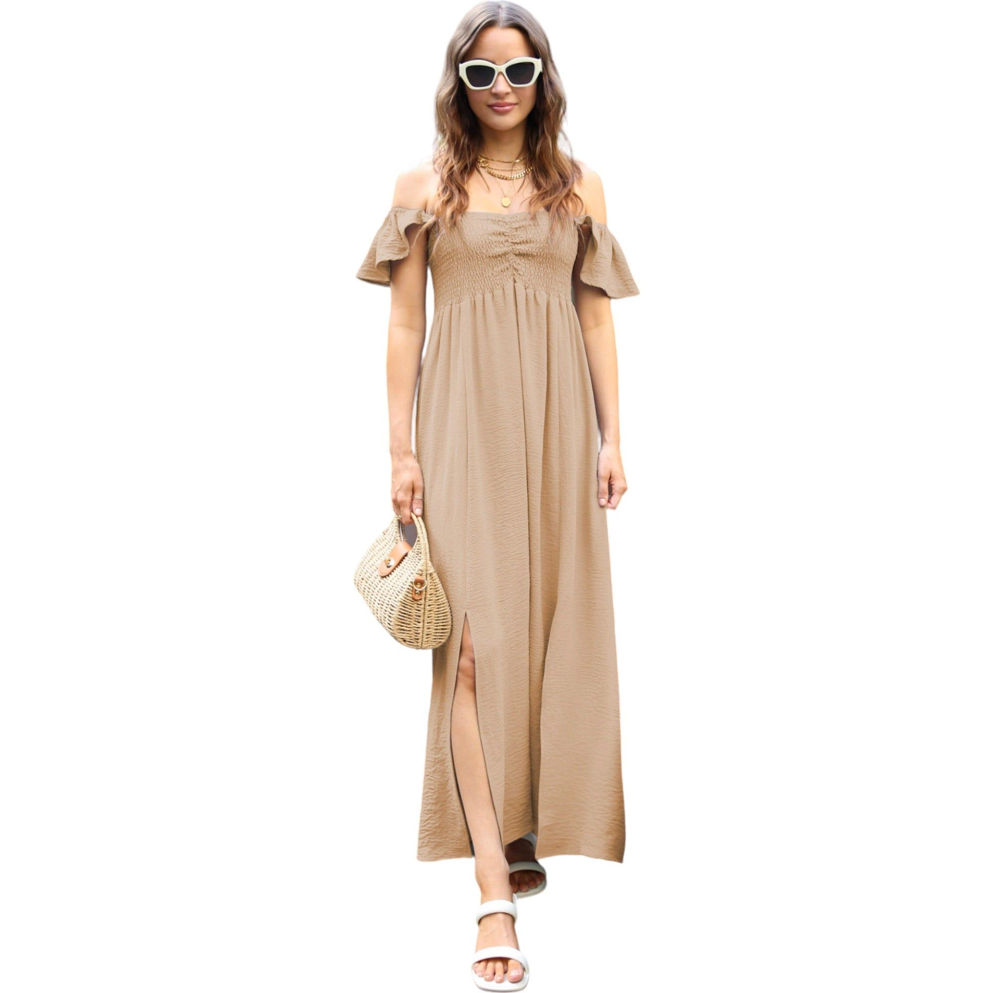 Anna-Kaci Womens Smocked Off-the-Shoulder Maxi Dress with Flutter Cap Sleeves