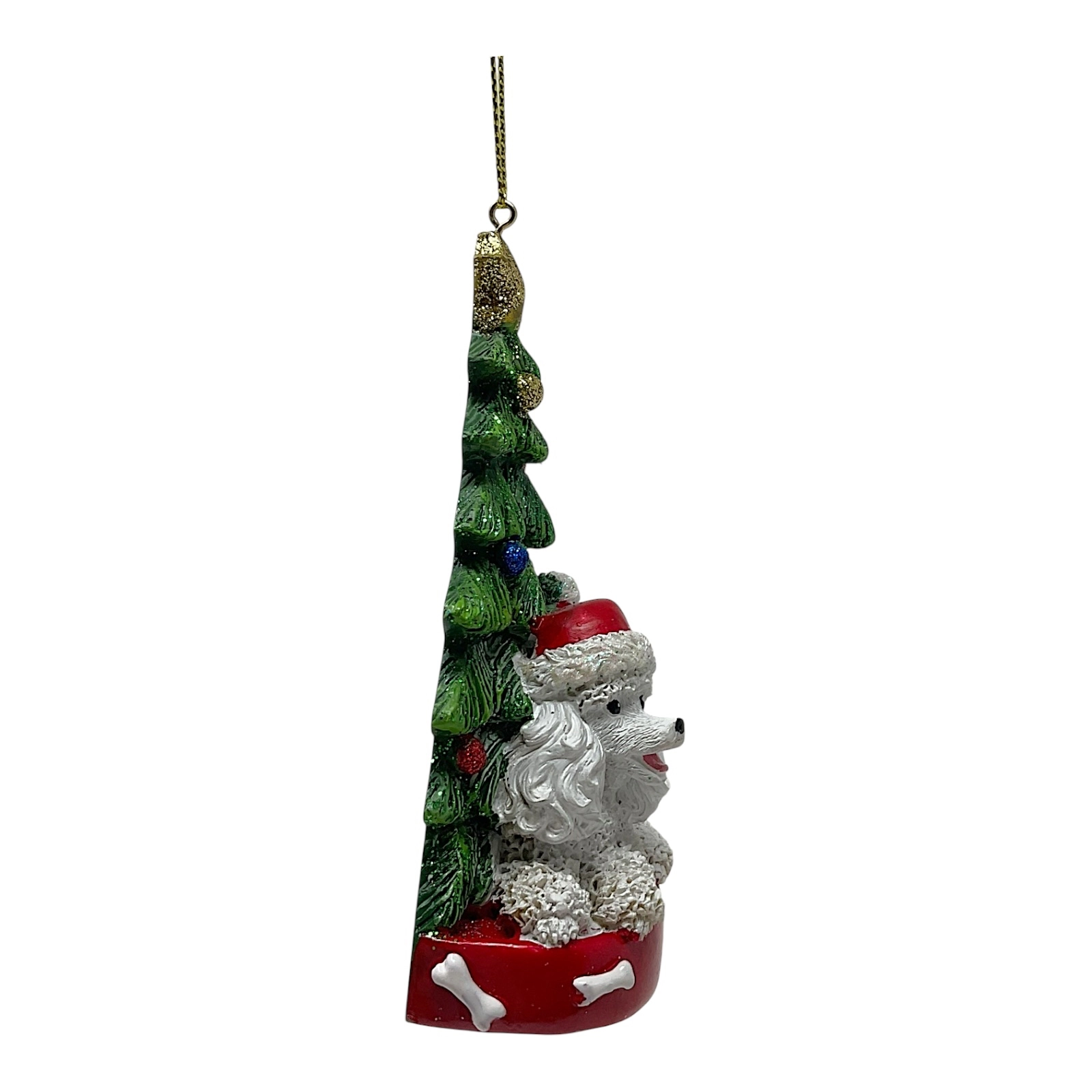 Kurt Adler White Poodle Dog Wearing Santa Hat with Christmas Tree Resin Ornament 4.25 inch