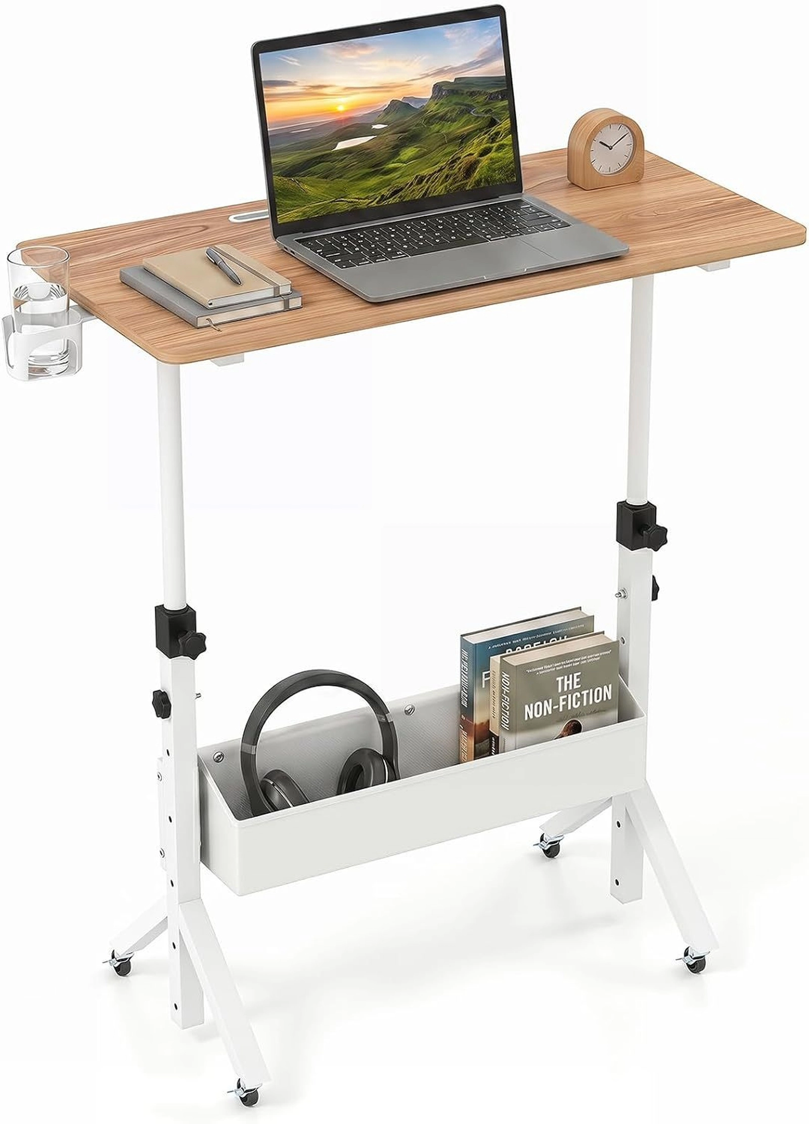 SUGIFT Adjustable Standing Laptop Desk with Wheels, Storage Basket and Cup Holder