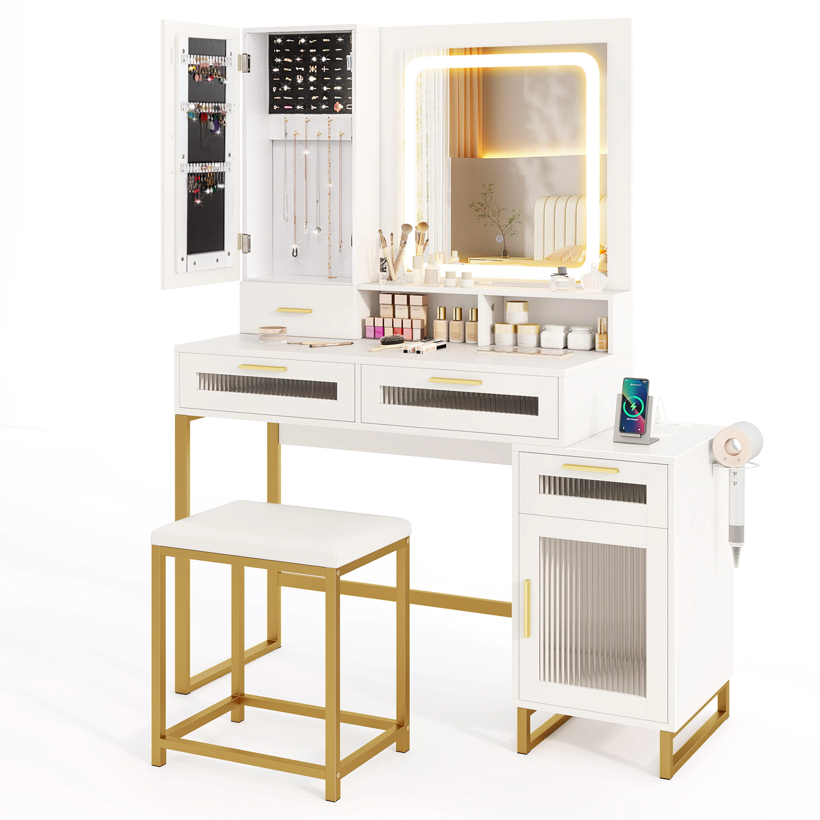 SUGIFT Makeup Vanity Desk and Stool Set with Lighted Mirror Jewelry Cabinet and Built-In Power Sockets