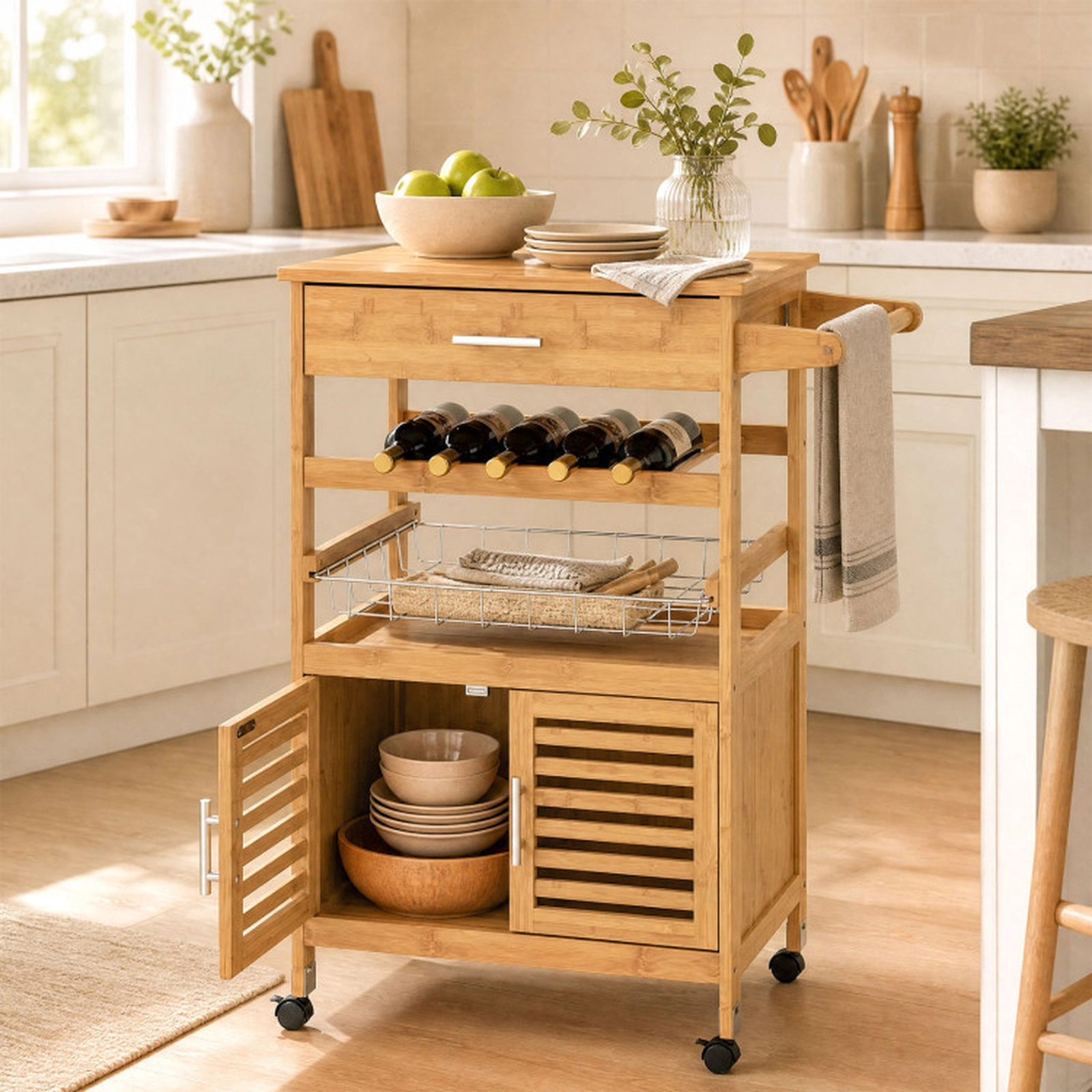 SUGIFT Bamboo Rolling Kitchen Island Trolley Cabinet Drawer Wine Rack 66-lb Top Capacity 27 x 14.5 x 35-in Natural