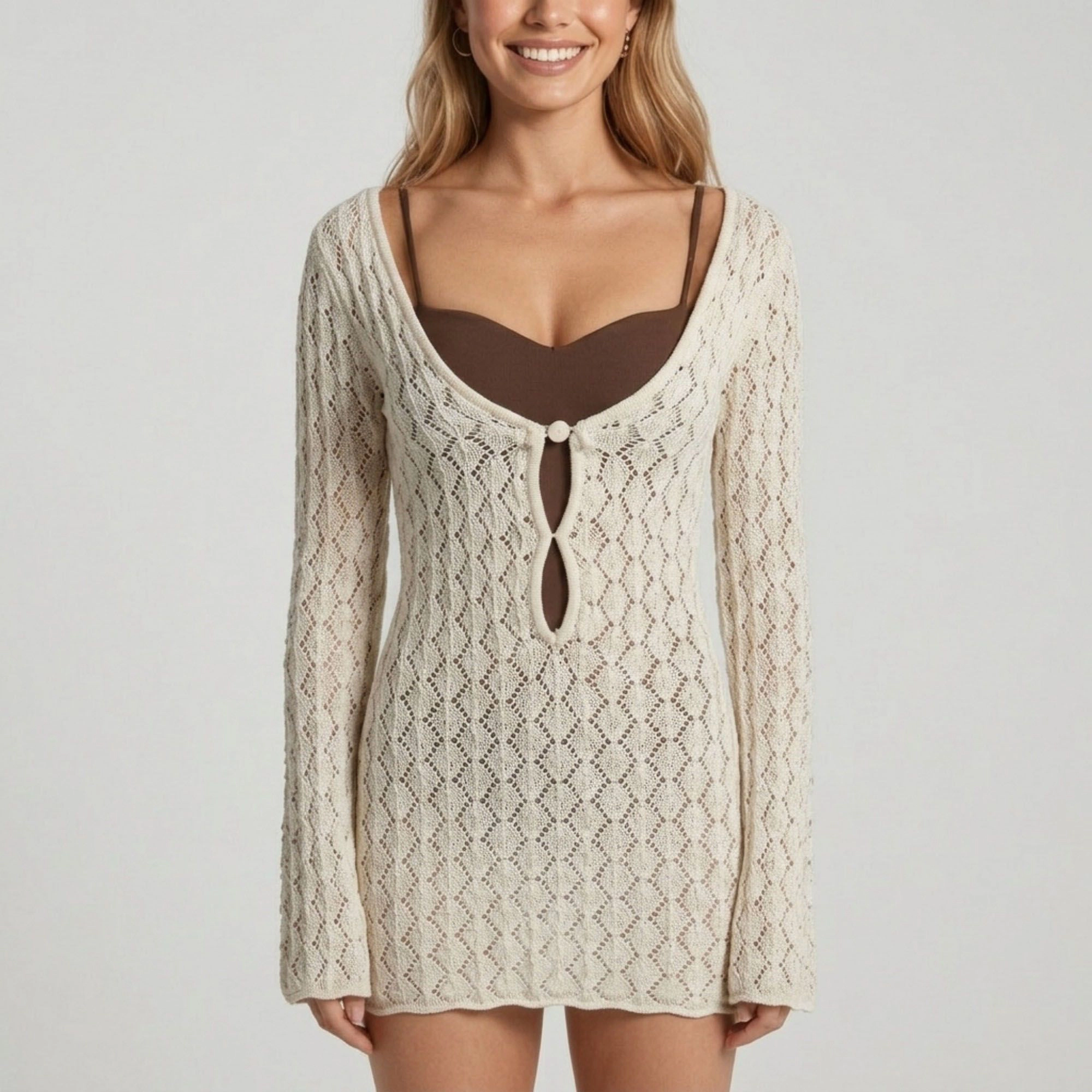 Anna-Kaci Women's Long Sleeve Scoop Neck Cutout Front Bodycon Beachwear Open Knit Swim Cover Up Dress