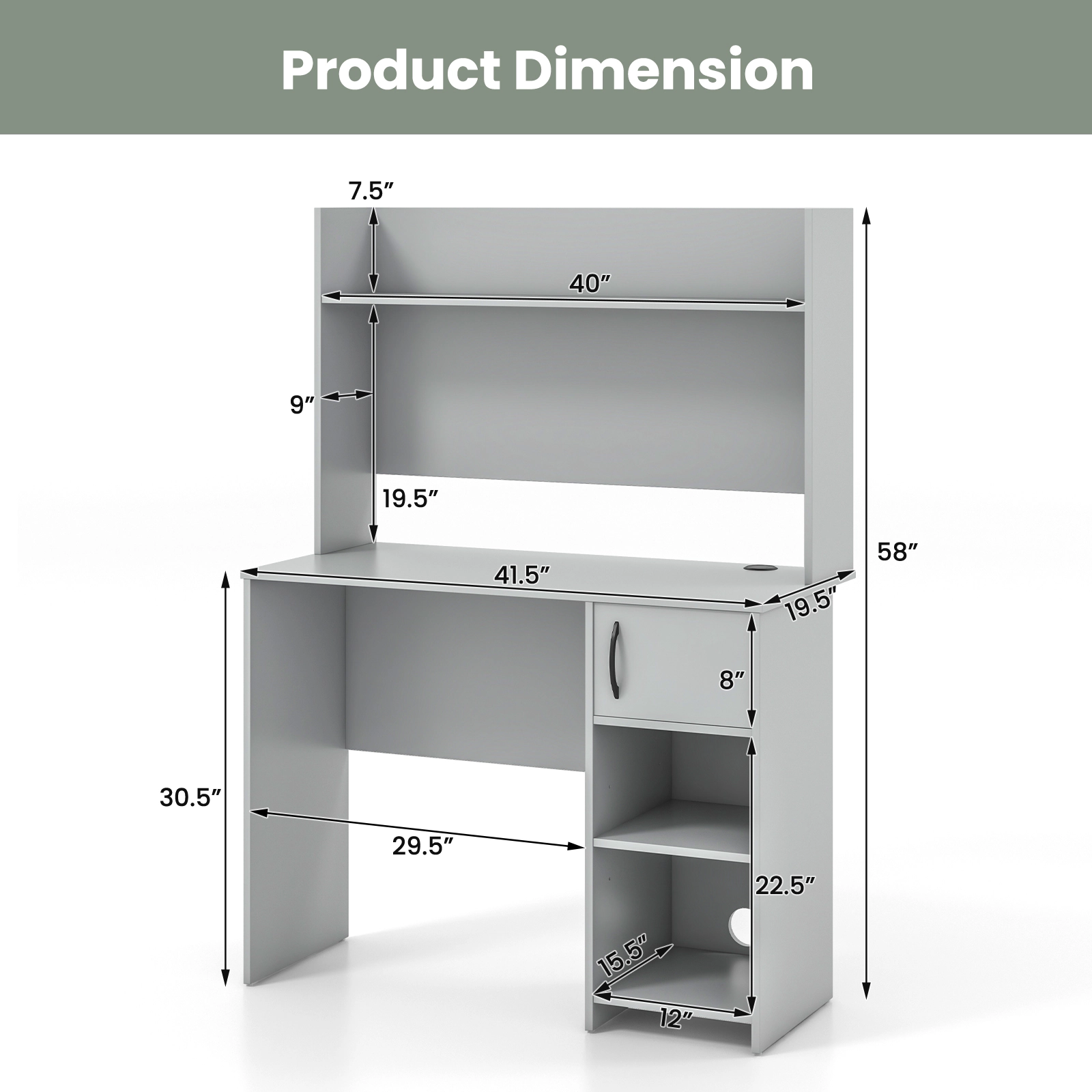 SUGIFT Gray Computer Desk with Hutch, Storage Shelves and Open Cabinet
