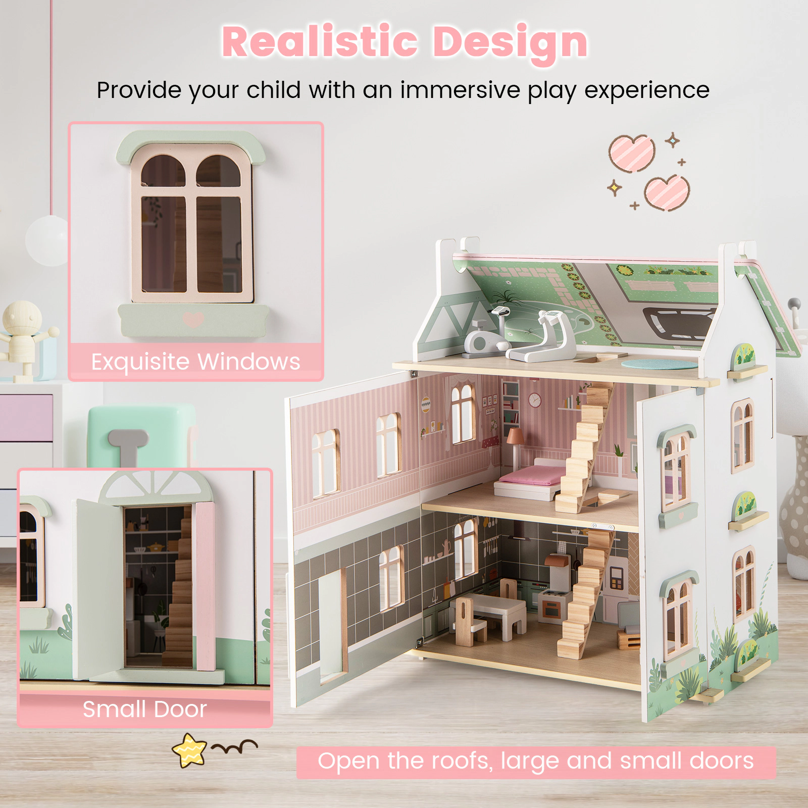 Kids Wooden Dollhouse 3 Level with Removable Double-Sided Roofs 22-in Pink Doll House
