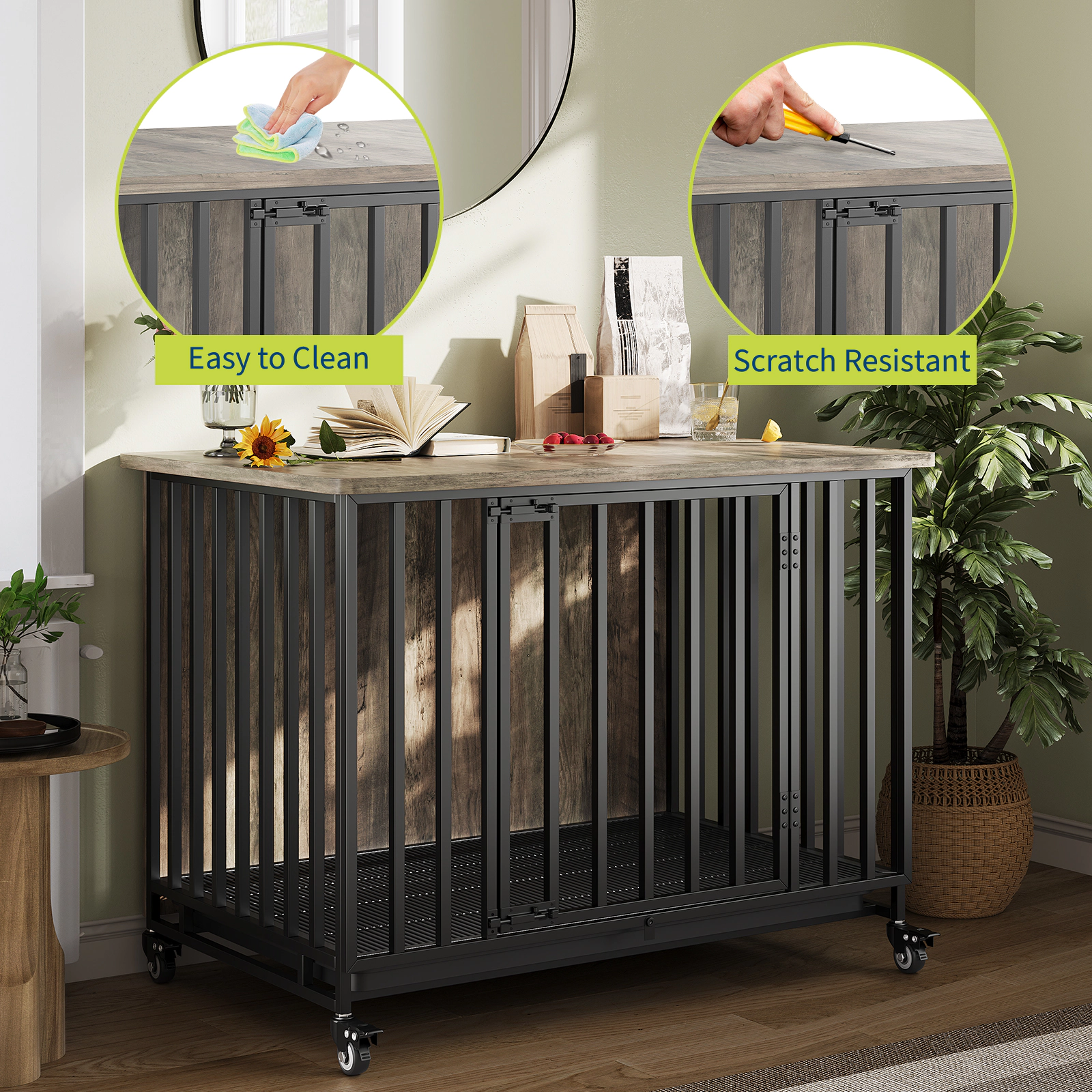 39" Heavy Duty Dog Crate Furniture with Wheels & Removable Tray, Wooden Pet Cage End Table for Medium Dogs