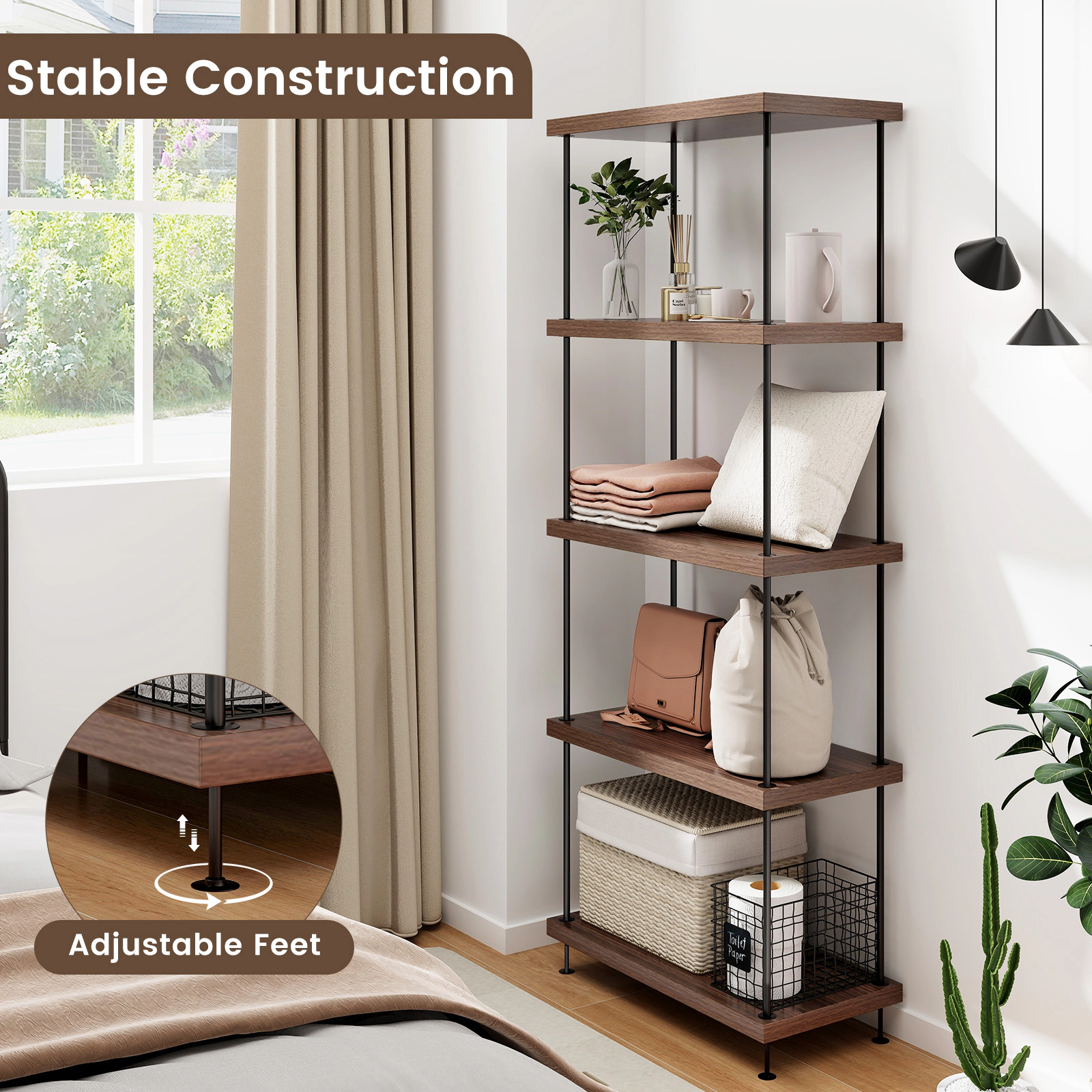 SUGIFT 5-Tier Multipurpose Display Rack Bookcase with Metal Frame 45-lb Shelf Capacity 58-in Tall Walnut