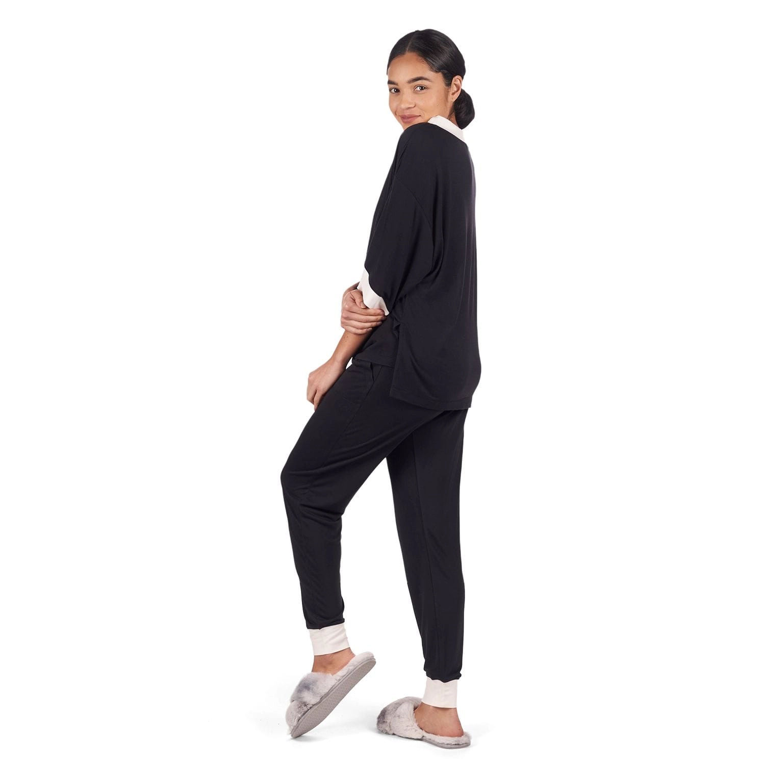 MeMoi Women's Contrast Trim Loose Fit Modal Short Sleeve and Pants Set