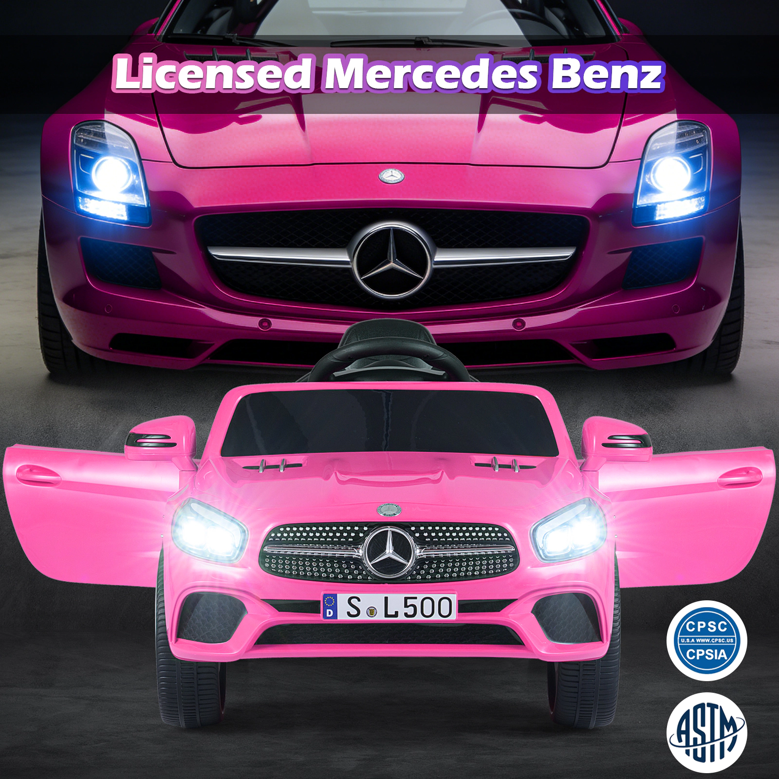 SUGIFT 12V Pink Kids Ride-On Car with Licensed Mercedes-Benz Body Remote Music and LED Lights 41-in W