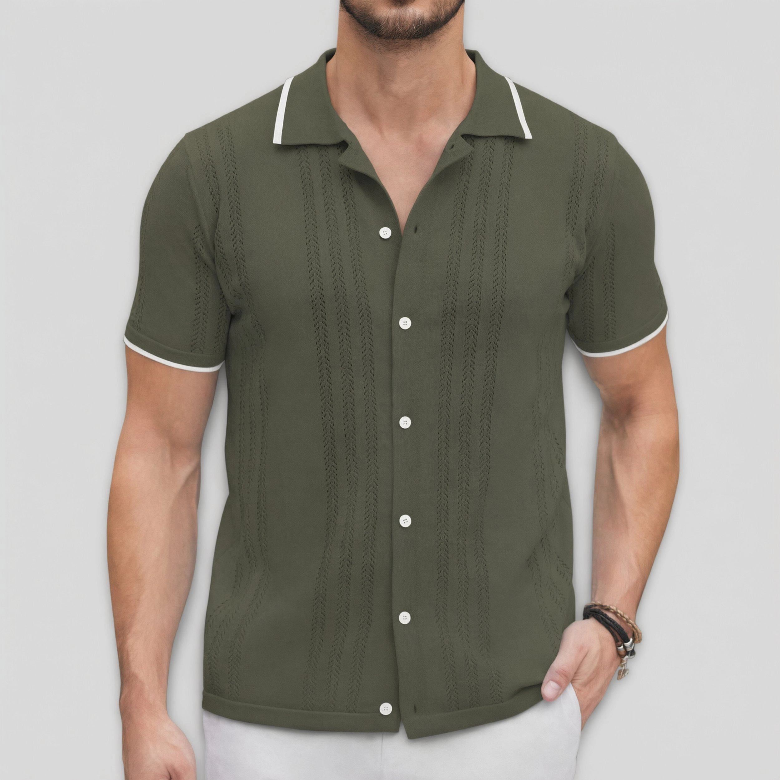 COOFANDY Men's Regular Fit Textured Knit Short Sleeve Camp Shirt