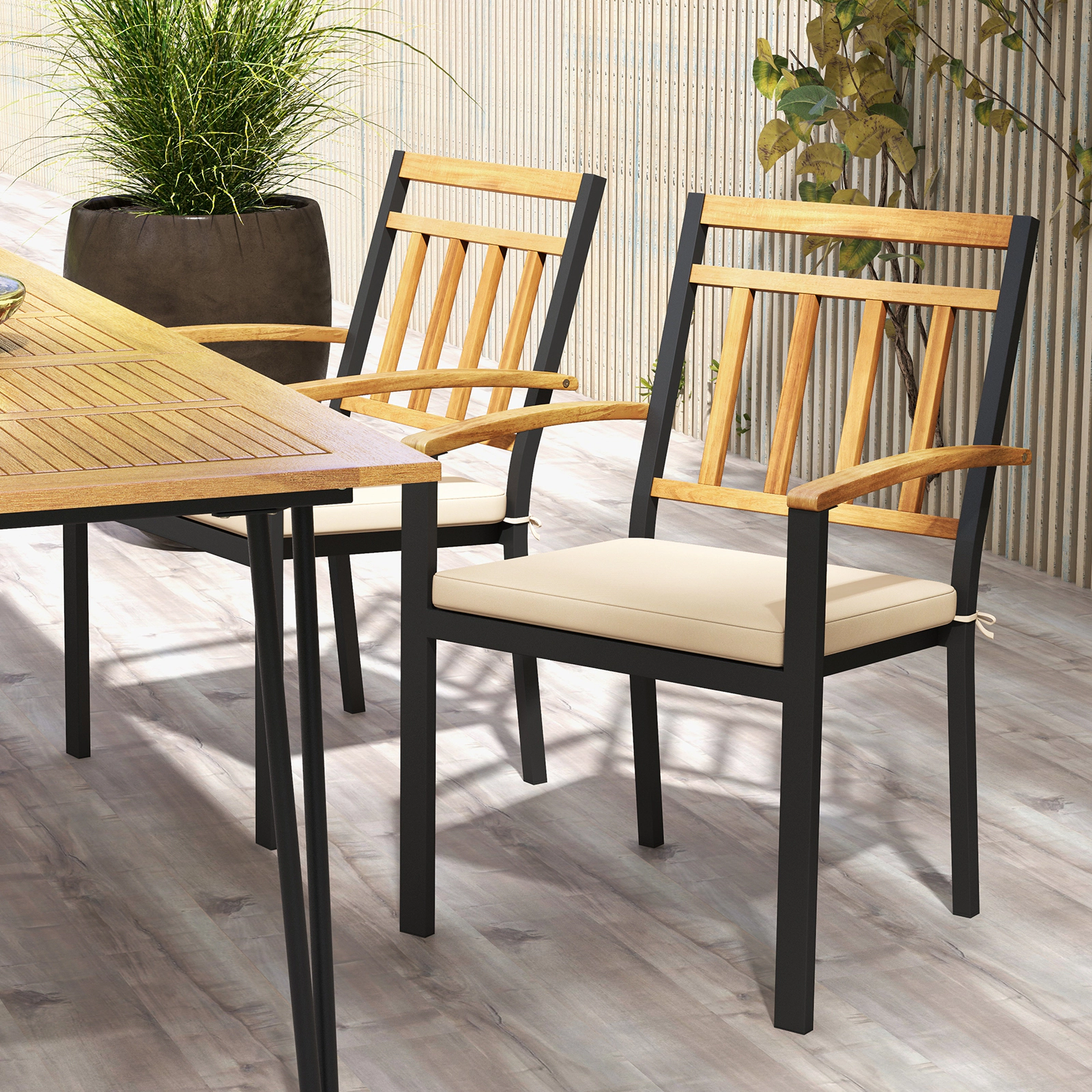 SUGIFT Set of 2 Outdoor Patio Dining Chairs with Cushions and Acacia Wood Armrests