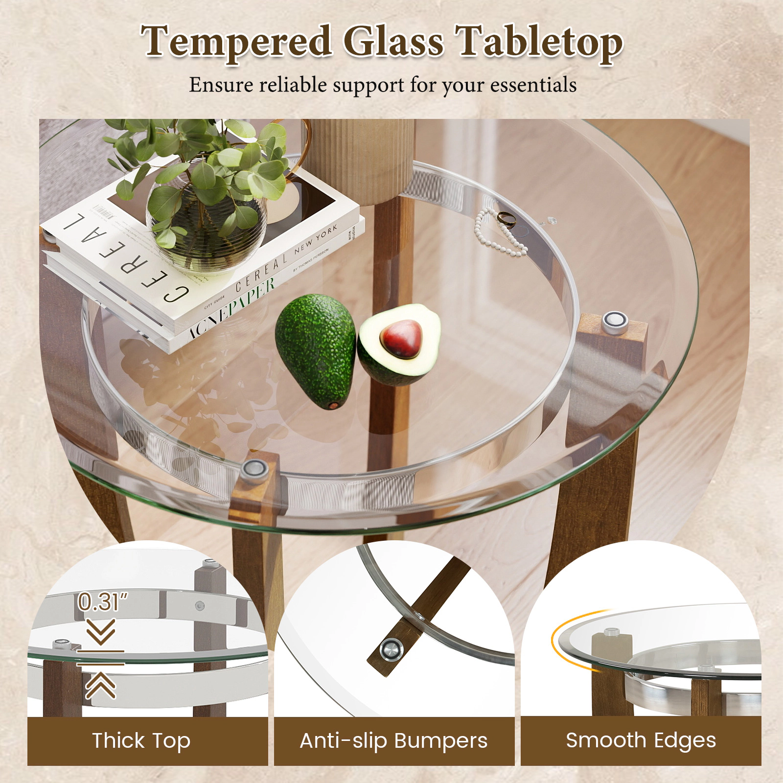 SUGIFT Round Tempered Glass Side Table 220-lb Capacity Transparent & Walnut