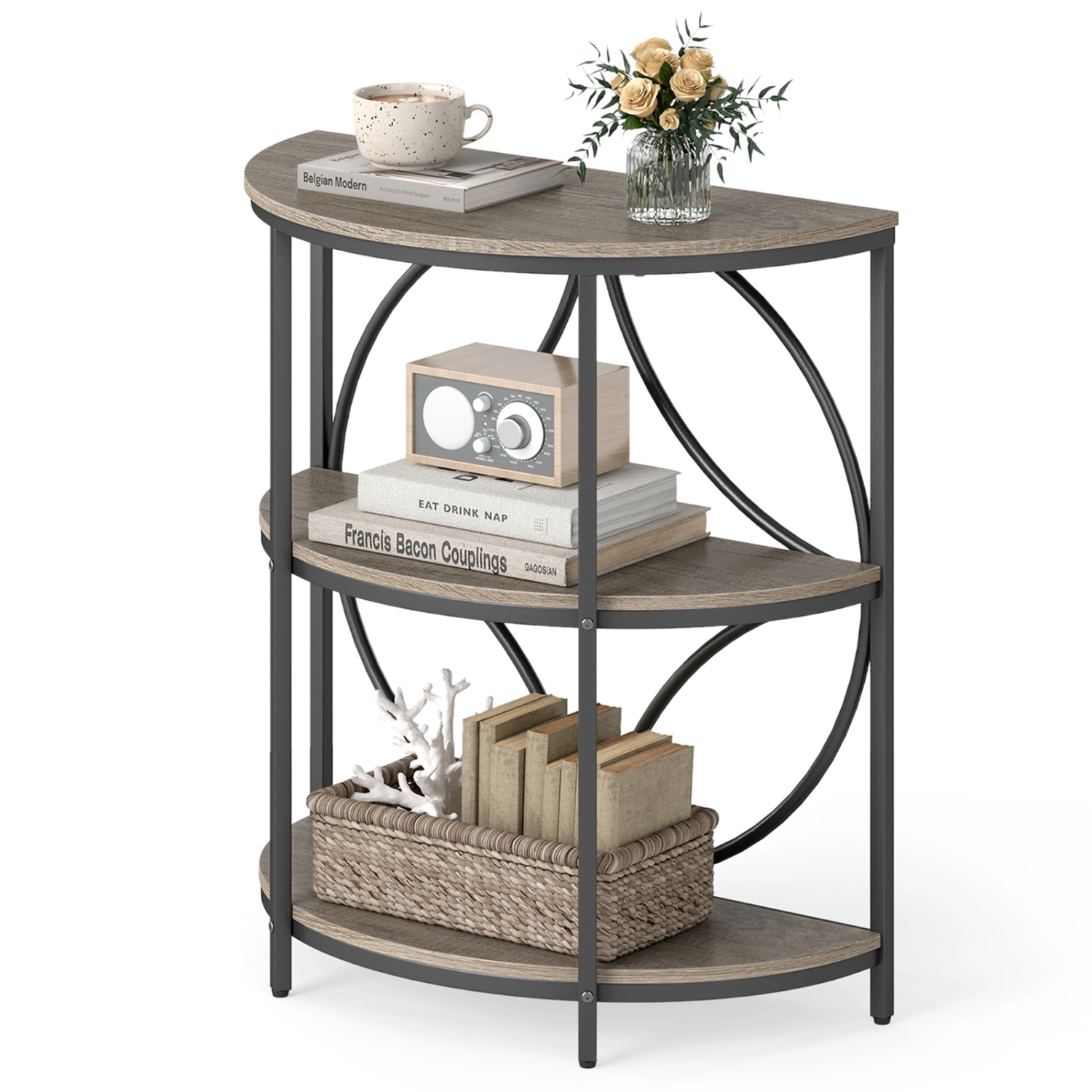 Glintex 3-Tier Half-Round End Table with Wood-Look Top and Metal Frame