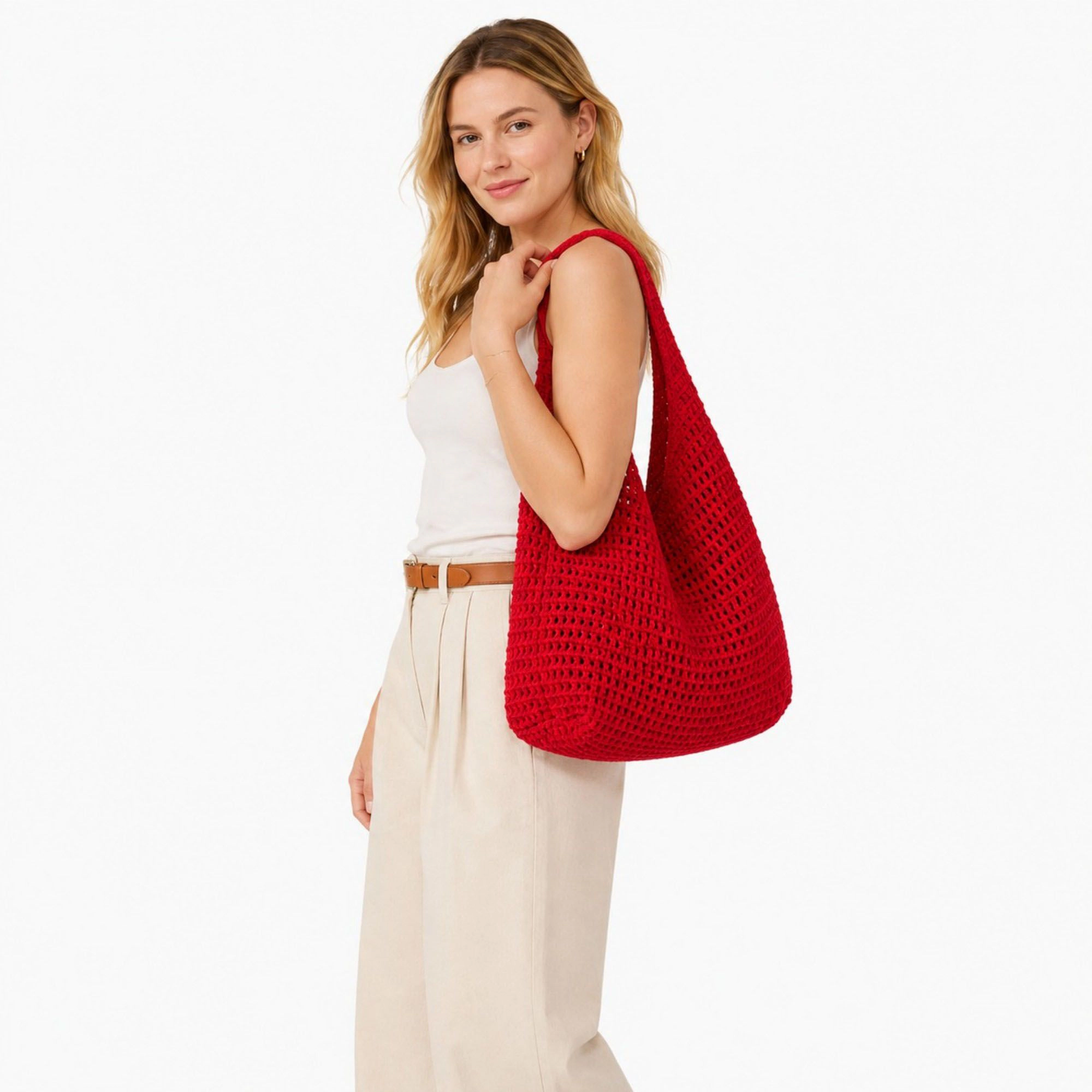 Alilang Women's Crochet Tote Bag Red Open Knit Shoulder Large Capacity Hobo Purse