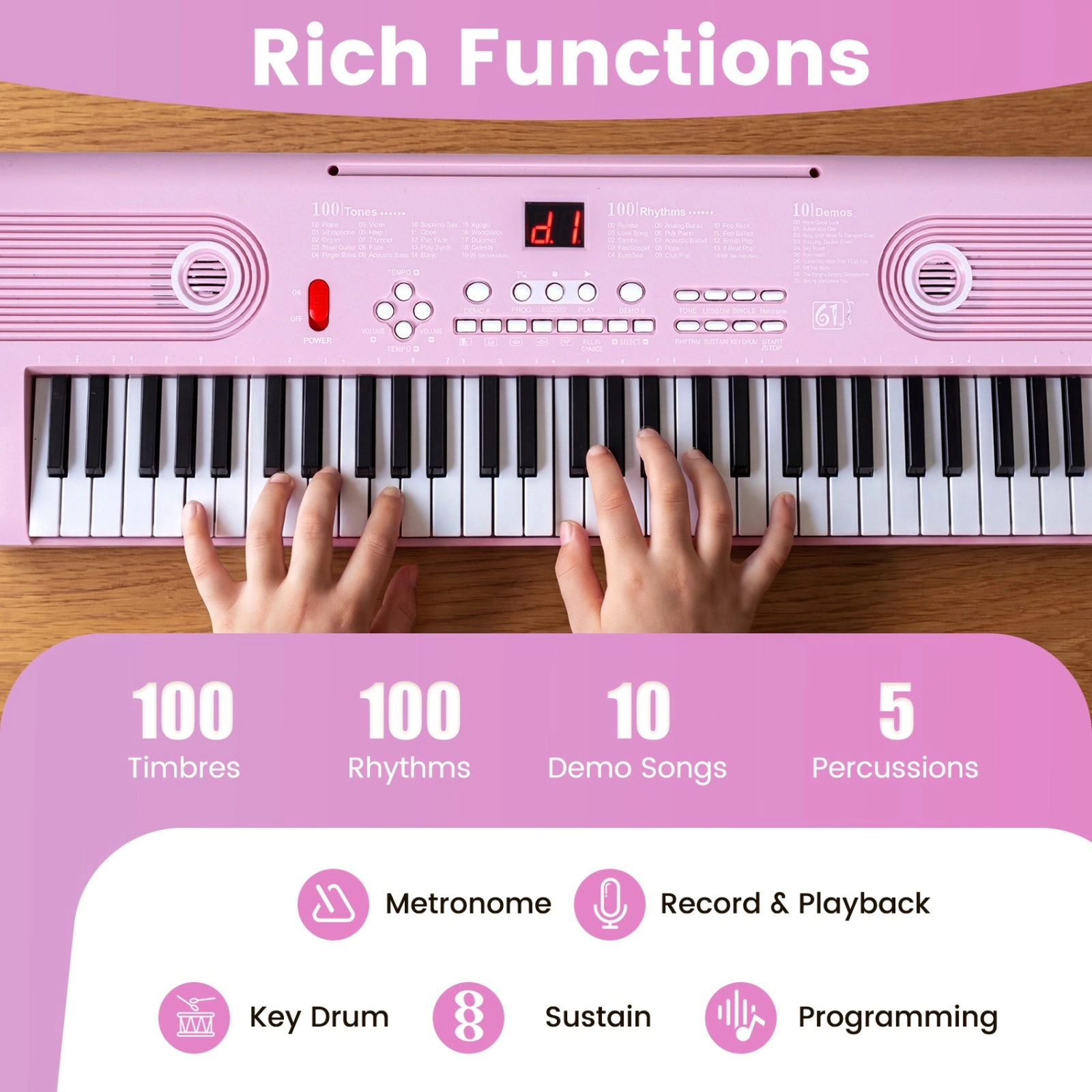 SUGIFT Pink 61-Key Portable Electric Digital Keyboard Piano with Dual Speakers Keynote Stickers and Mic