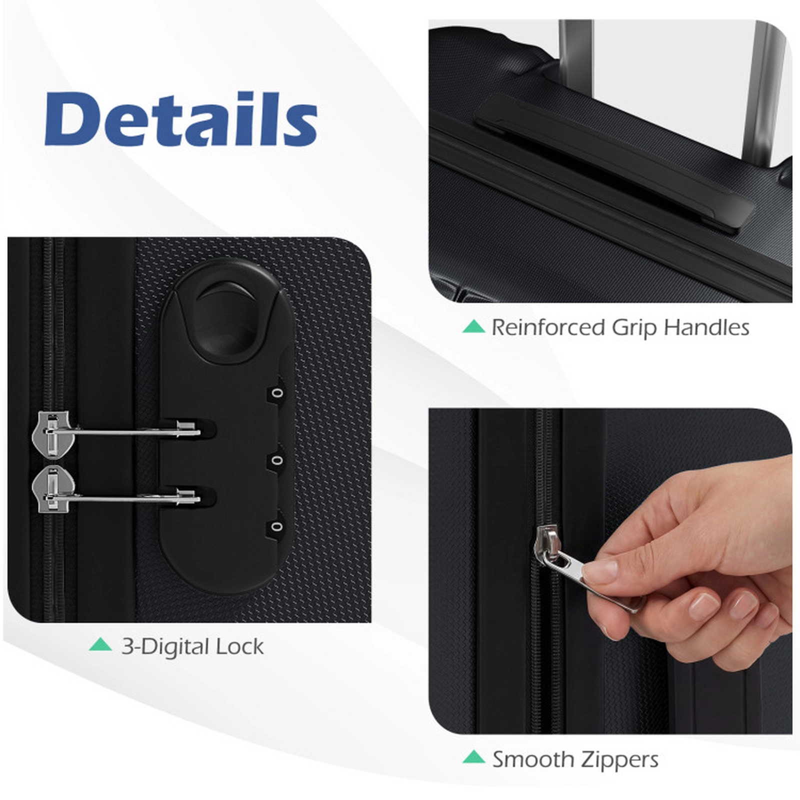 SUGIFT Black 3-Digit Lock 3-Piece Hardside Luggage Set 20-in 24-in 28-in Lightweight ABS Spinner Suitcases