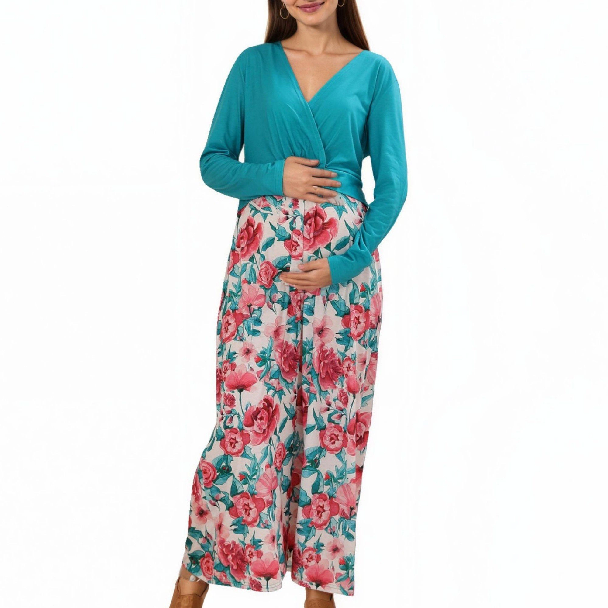 Anna-Kaci Women's Long Sleeve V Neck Floral Print Empire Waist Maternity Dress