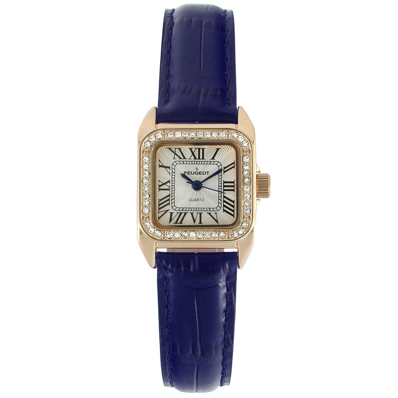 Peugeot Women's 34x24mm Tank Watch with Crystal Bezel Leather Strap