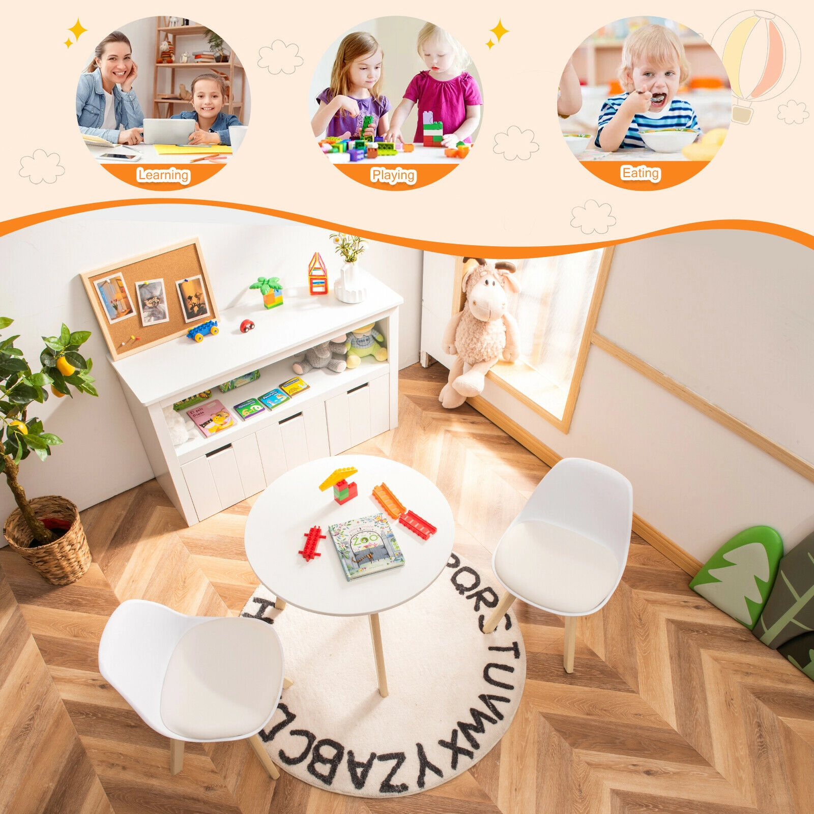SUGIFT White Beech Legs and Padded Seat Kids Modern Round Activity Table and 2 Chairs Set