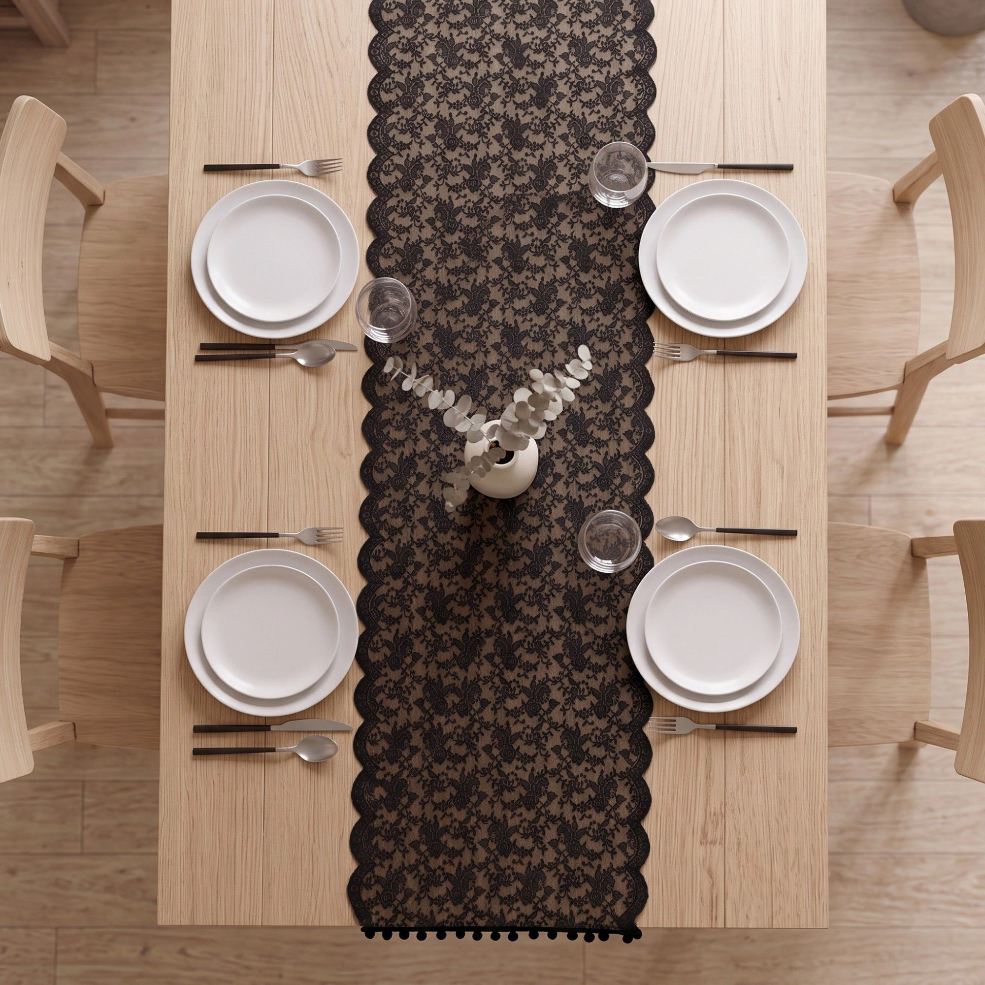 Alilang Women Floral Lace Table Runner with Scalloped Edges and Pom Trim 17.7x47in