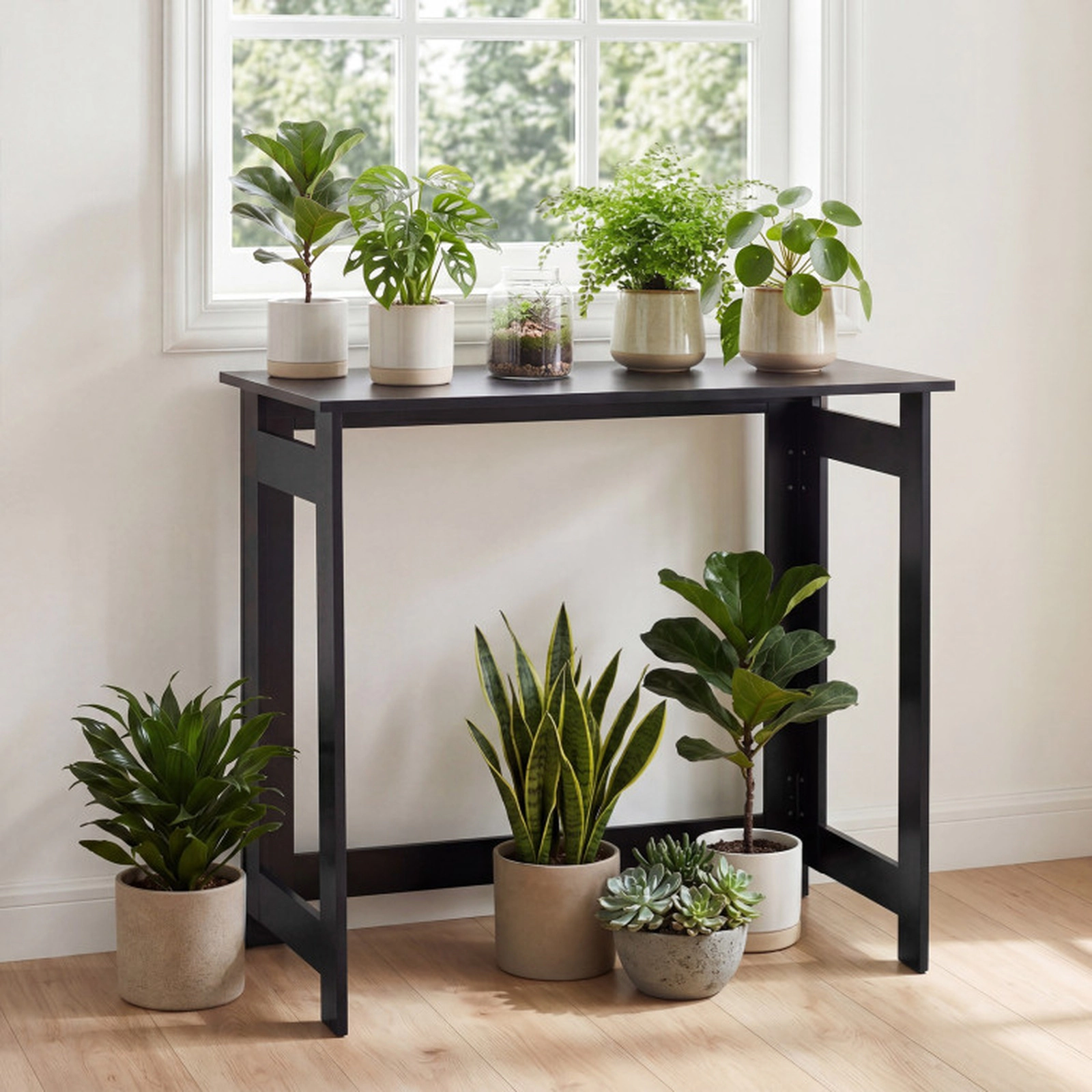 SUGIFT Space-Saving Folding Console Table with Foldable Legs 55-lb Capacity Black/Brown