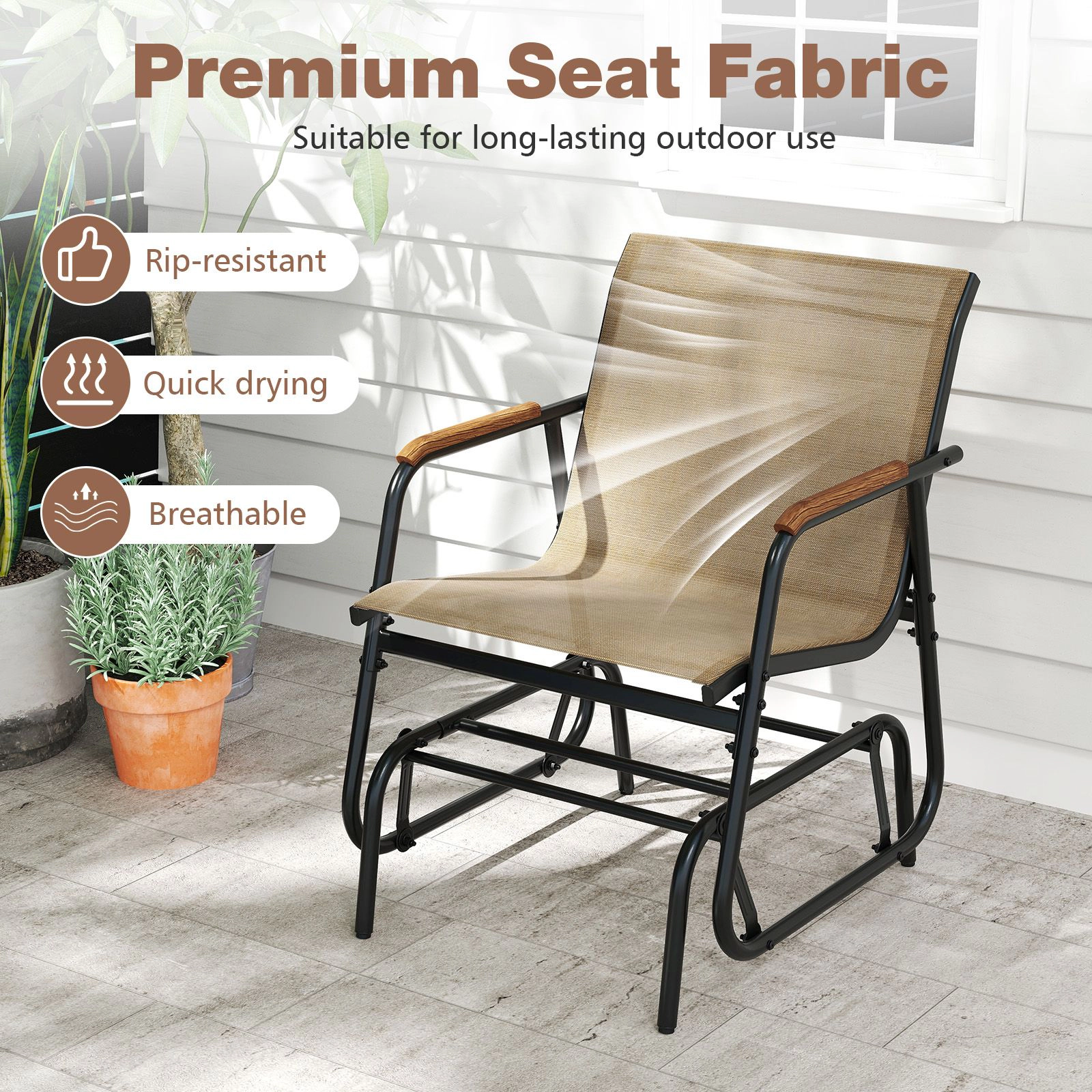 SlickBlue 3-Piece Patio Glider Chairs with Teak Armrests and Glass Table