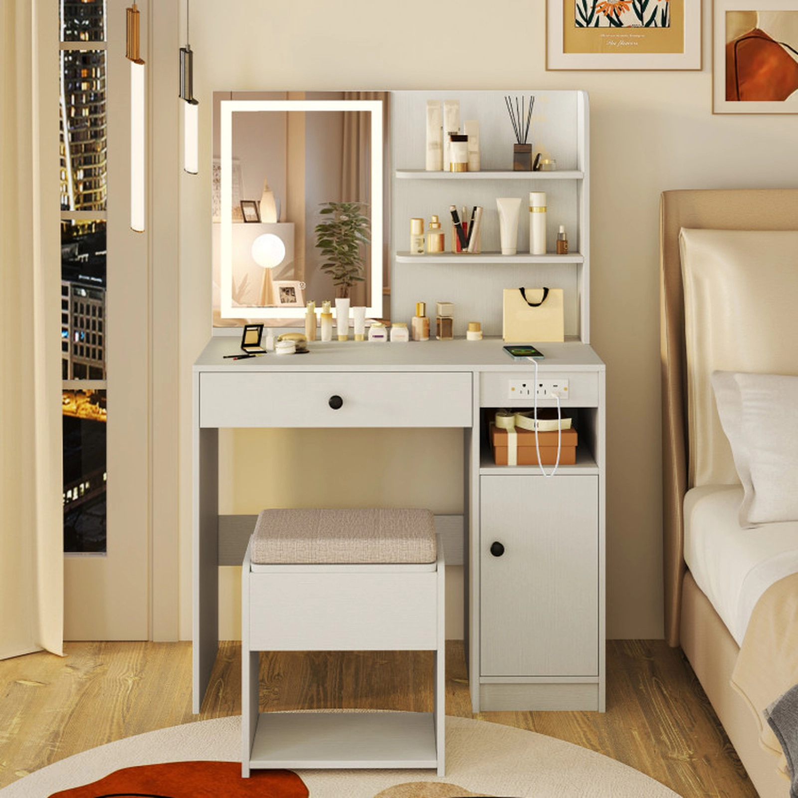 SUGIFT Vanity Desk Lighted Mirror Built-In Outlets & Storage Stool 110-lb Tabletop Capacity 330-lb Stool Capacity White