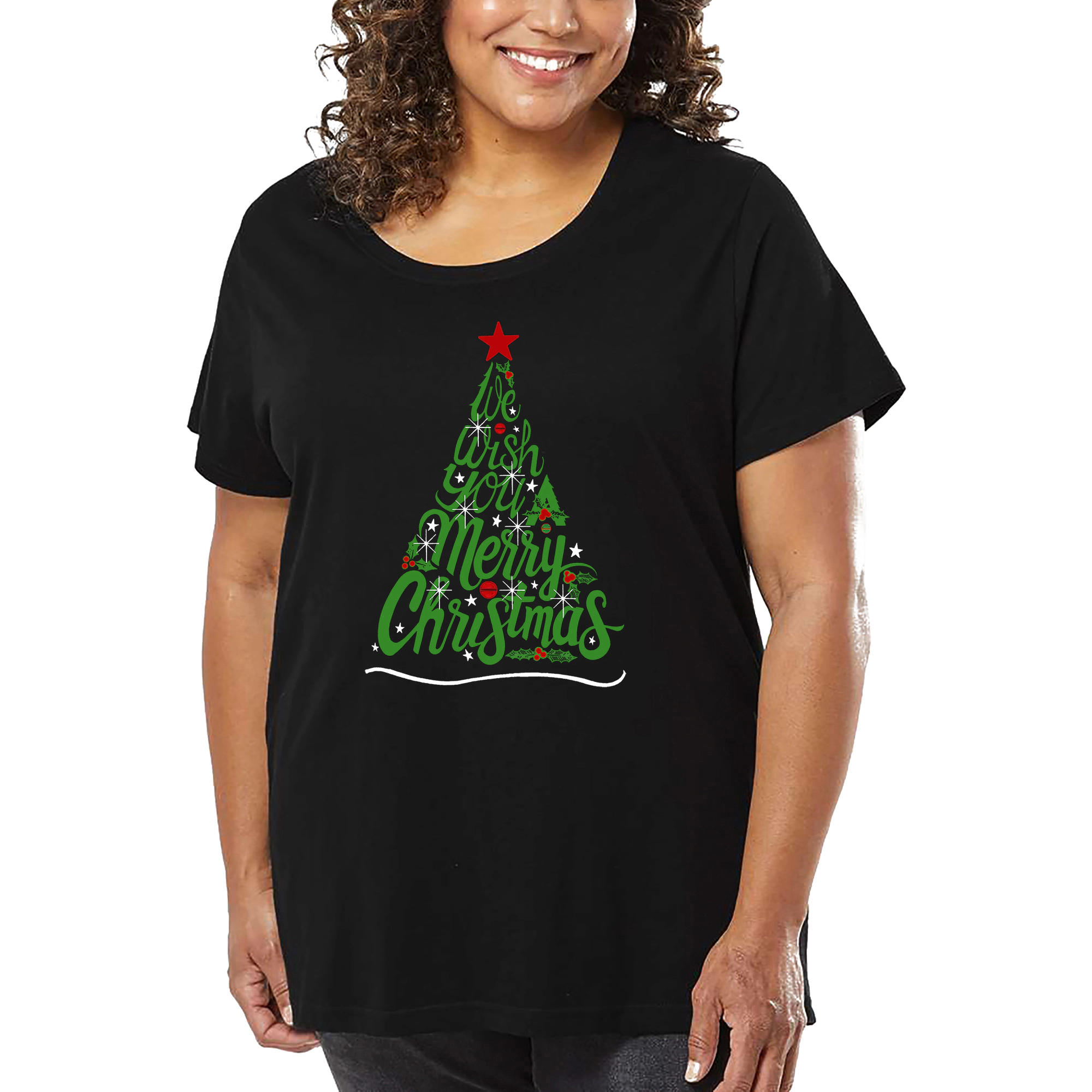 LA Pop Art Women's Plus Word T-Shirt - We Wish You A Merry Christmas