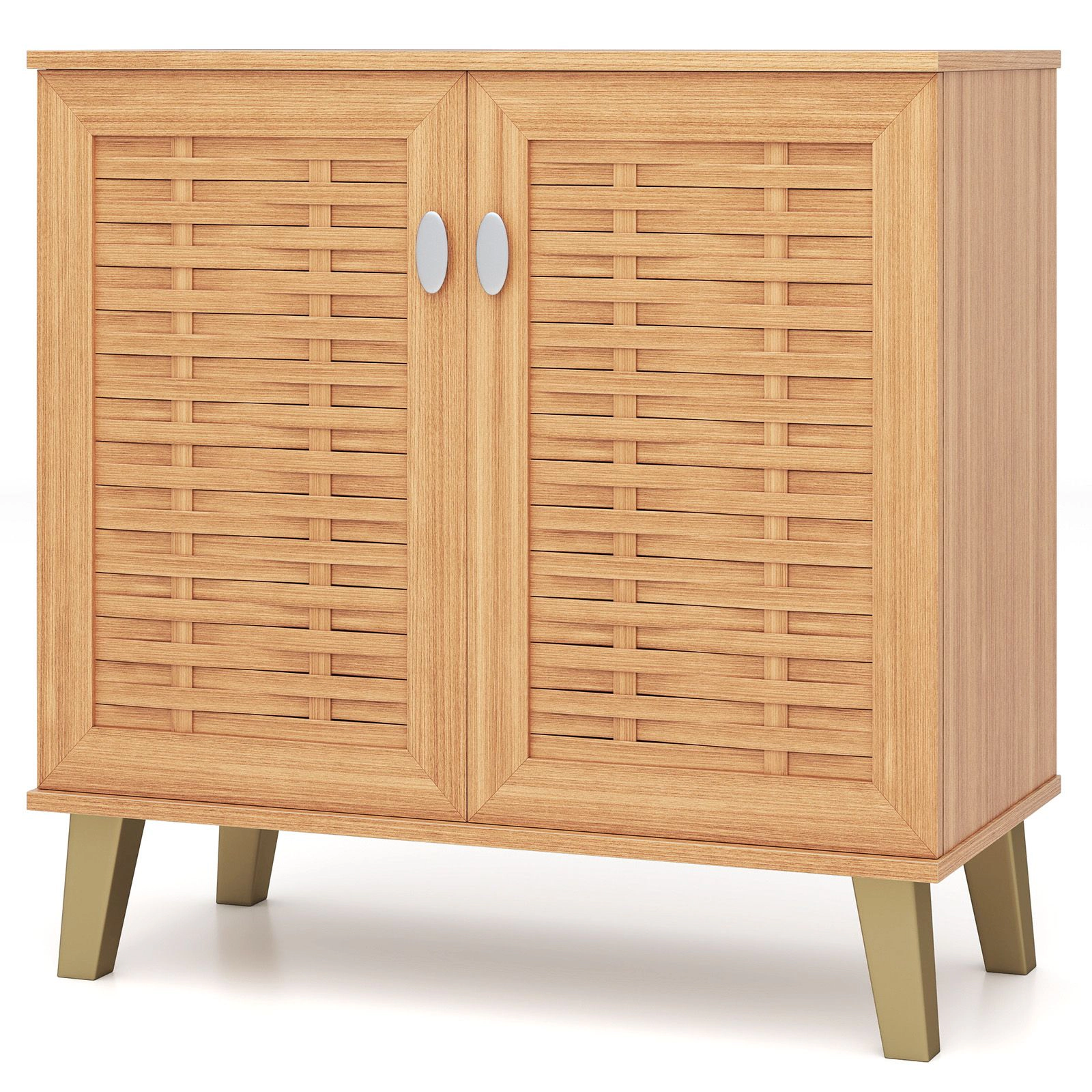 SlickBlue Modern Shoe Organizer Cabinet with Woven Doors and Storage Shelves