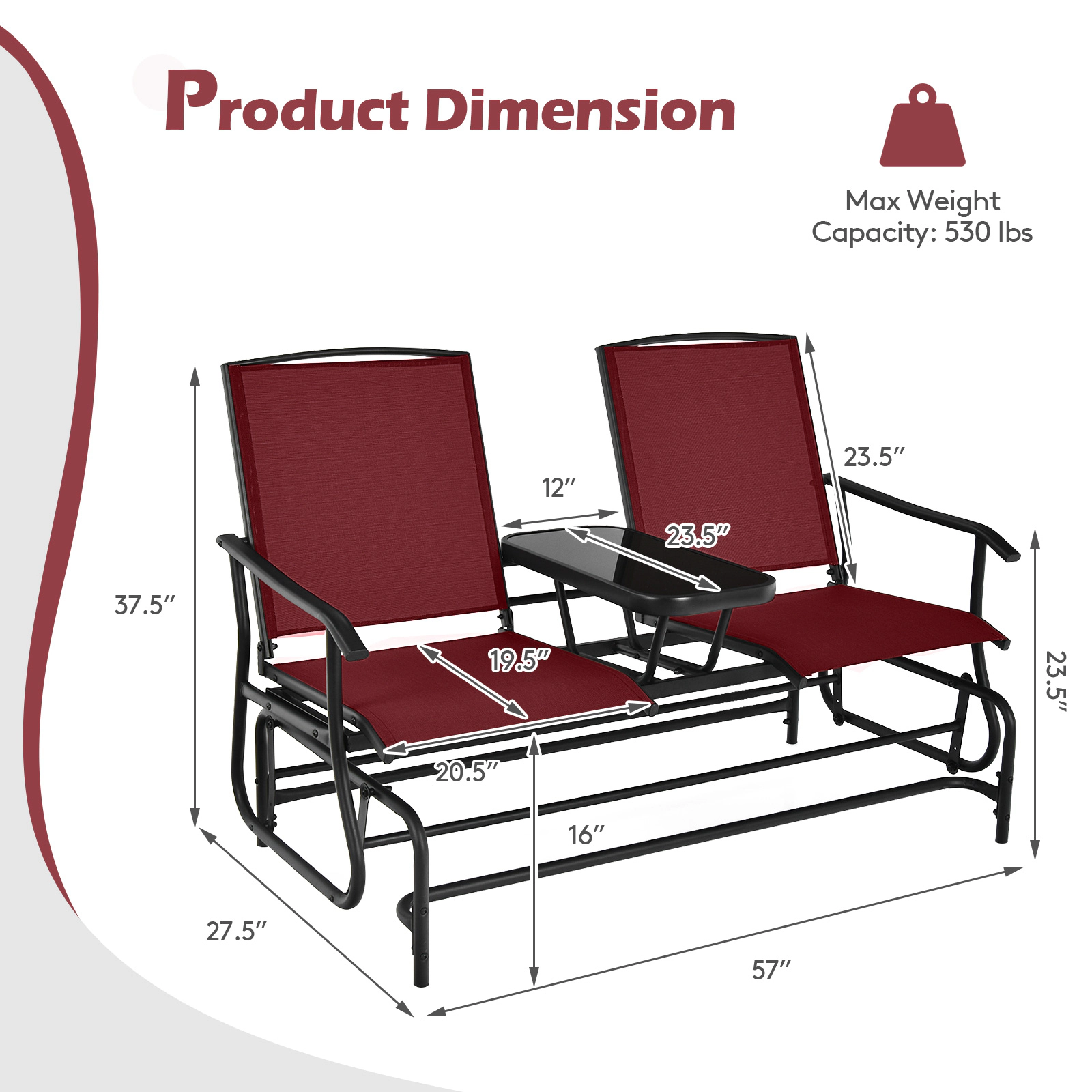 SUGIFT 2-Person Mesh Steel Frame Tempered Glass Table Glider Rocking Chair 57-in x 28-in x 38-in 530-lb Capacity Red