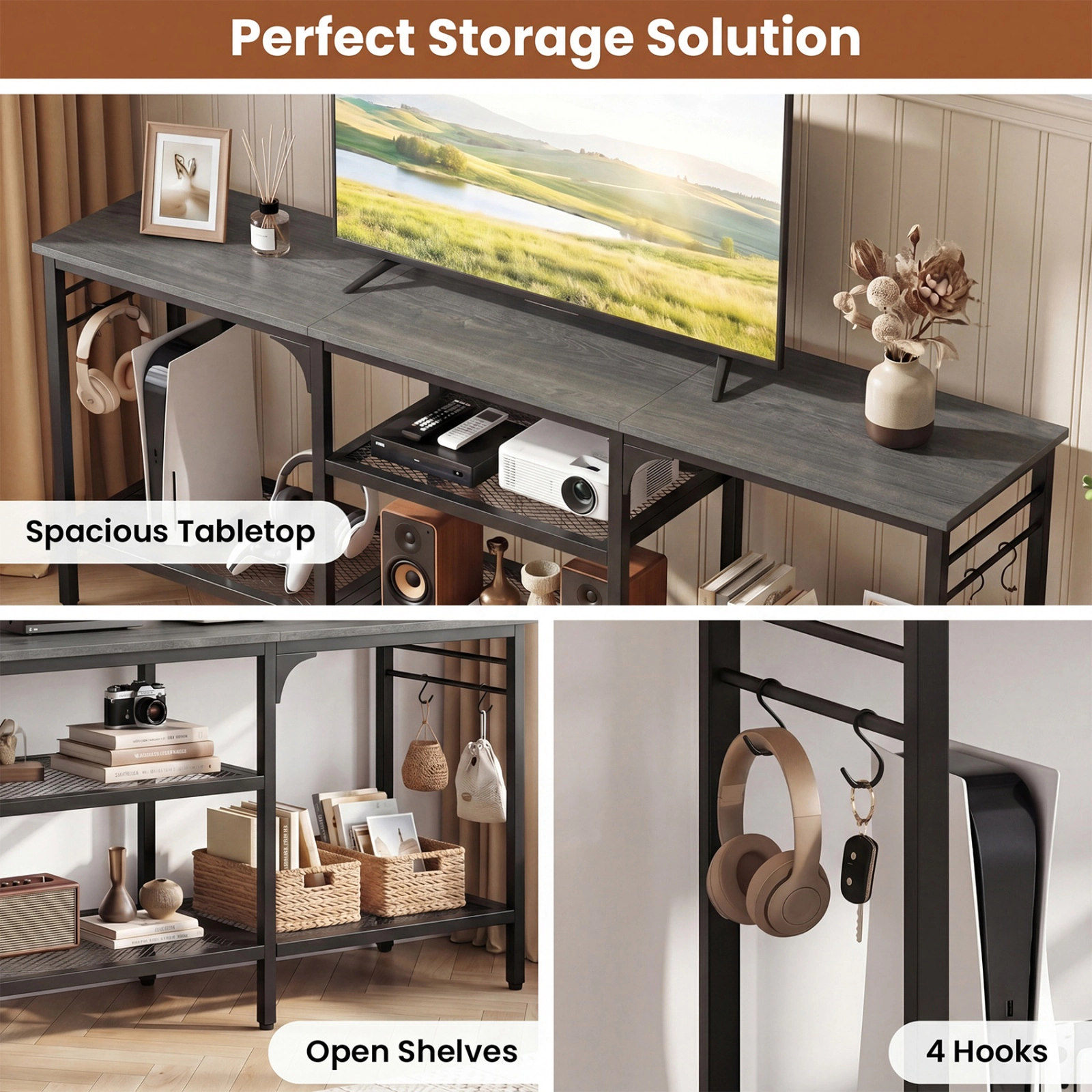 SUGIFT 3-Tier TV Stand with Open Shelves and 4 Hooks 685-lb Total Capacity 55-in Wide for TVs up to 65 in Oak & Black