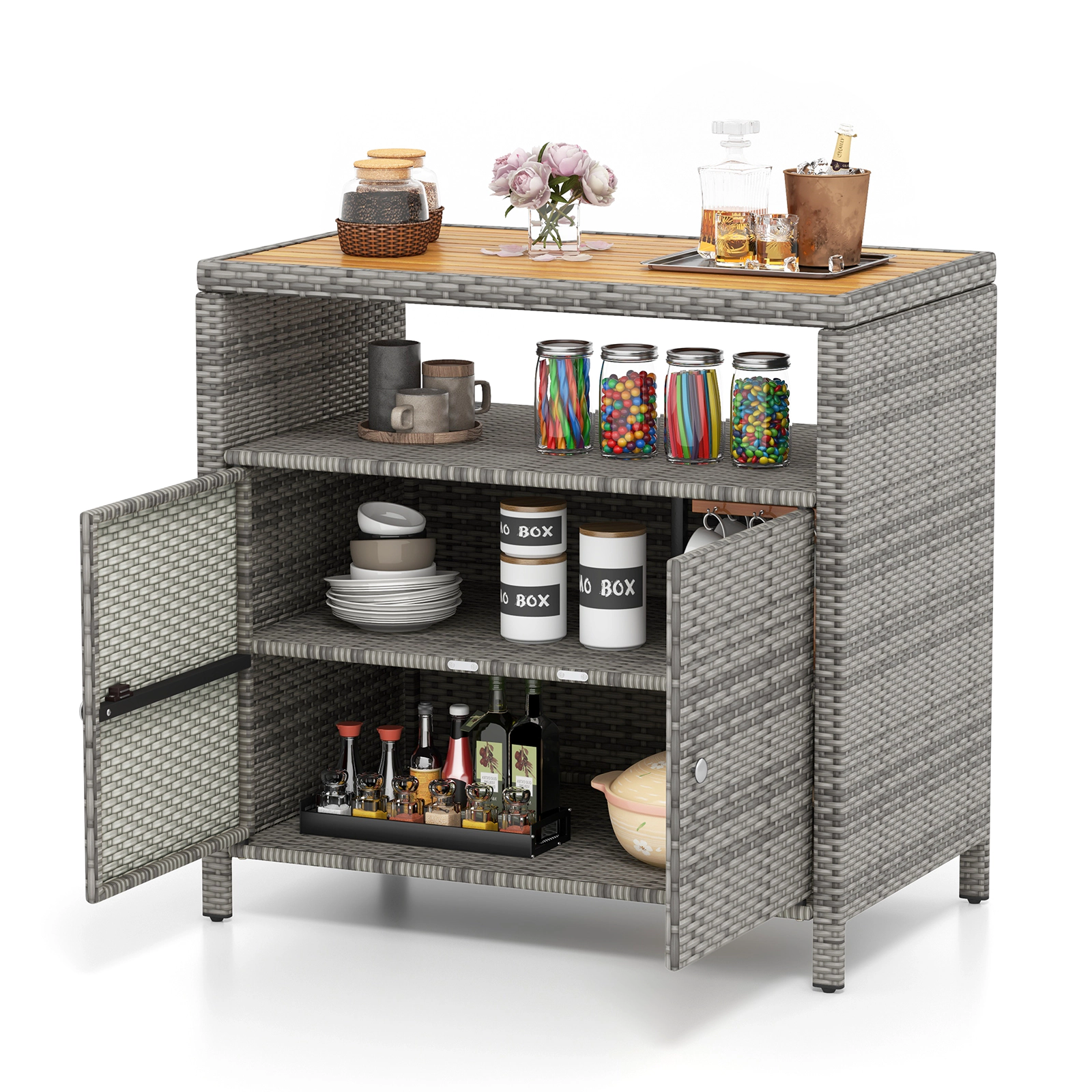 SUGIFT Storage Sideboard Cabinet with Acacia Wood Countertop 100-lb Top Capacity Black Natural Mixed Brown Mixed Gray