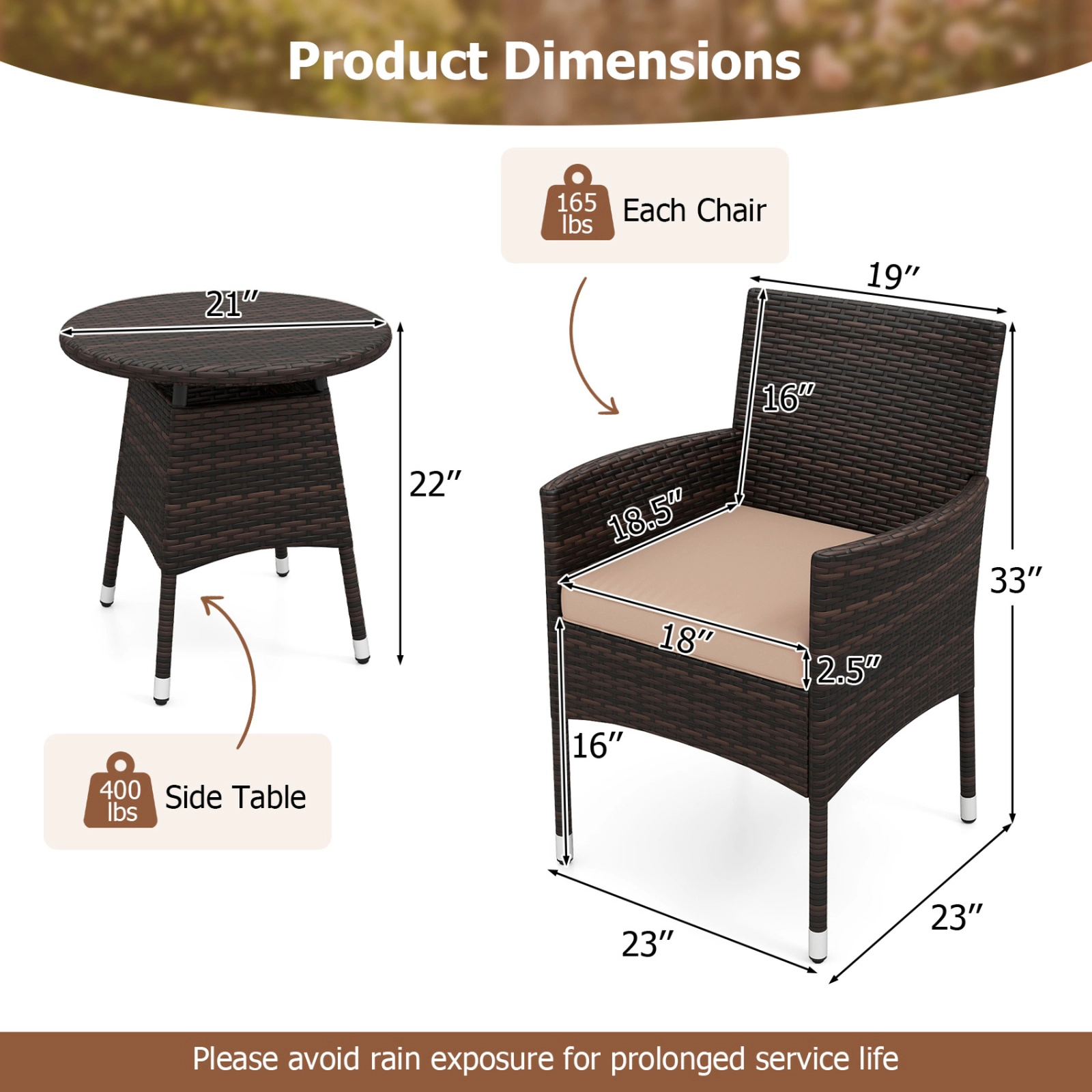 SUGIFT 3-Piece Brown PE Wicker Patio Bistro Set, Reclining Chairs and Round Side Table