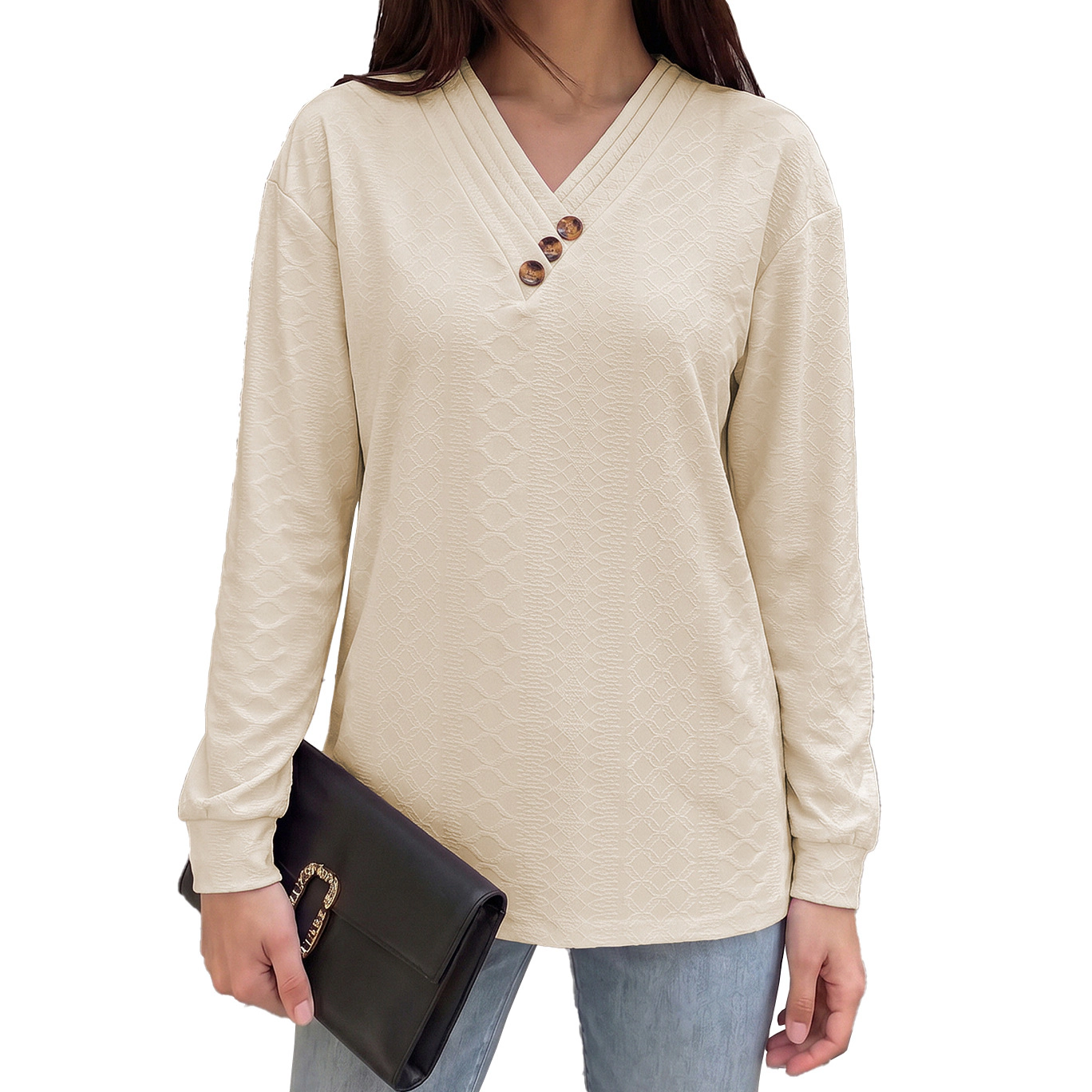 Enchanted Funland Womens Cross V‑Neck Textured Jacquard Button Accent Casual Tops