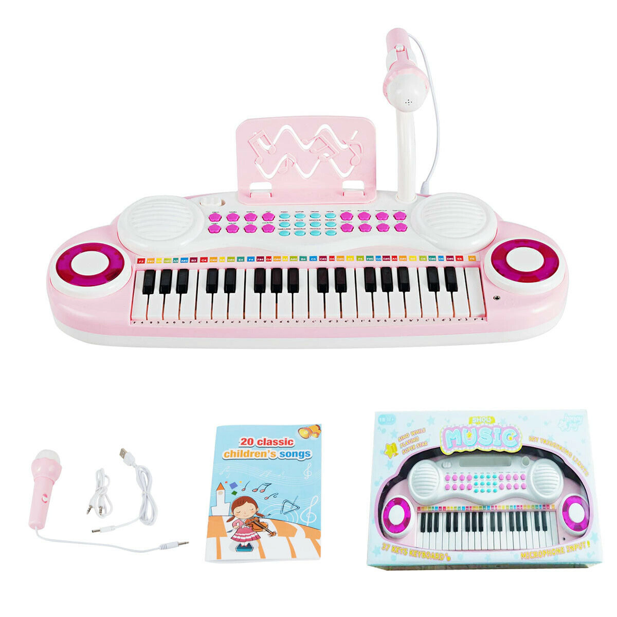 SUGIFT Pink 37-Key Multifunctional Electric Keyboard Piano with Detachable Microphone and Music Stand
