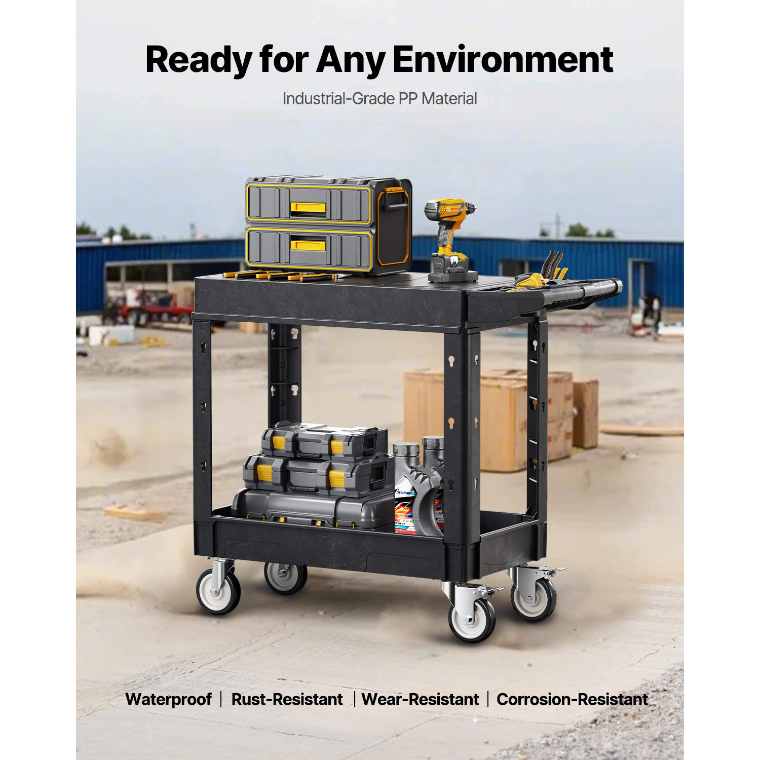 HONGGE Utility Cart 550 lbs Load Capacity Service Cart Two-Shelf Heavy Duty Plastic Utility Cart with 360° Swivel