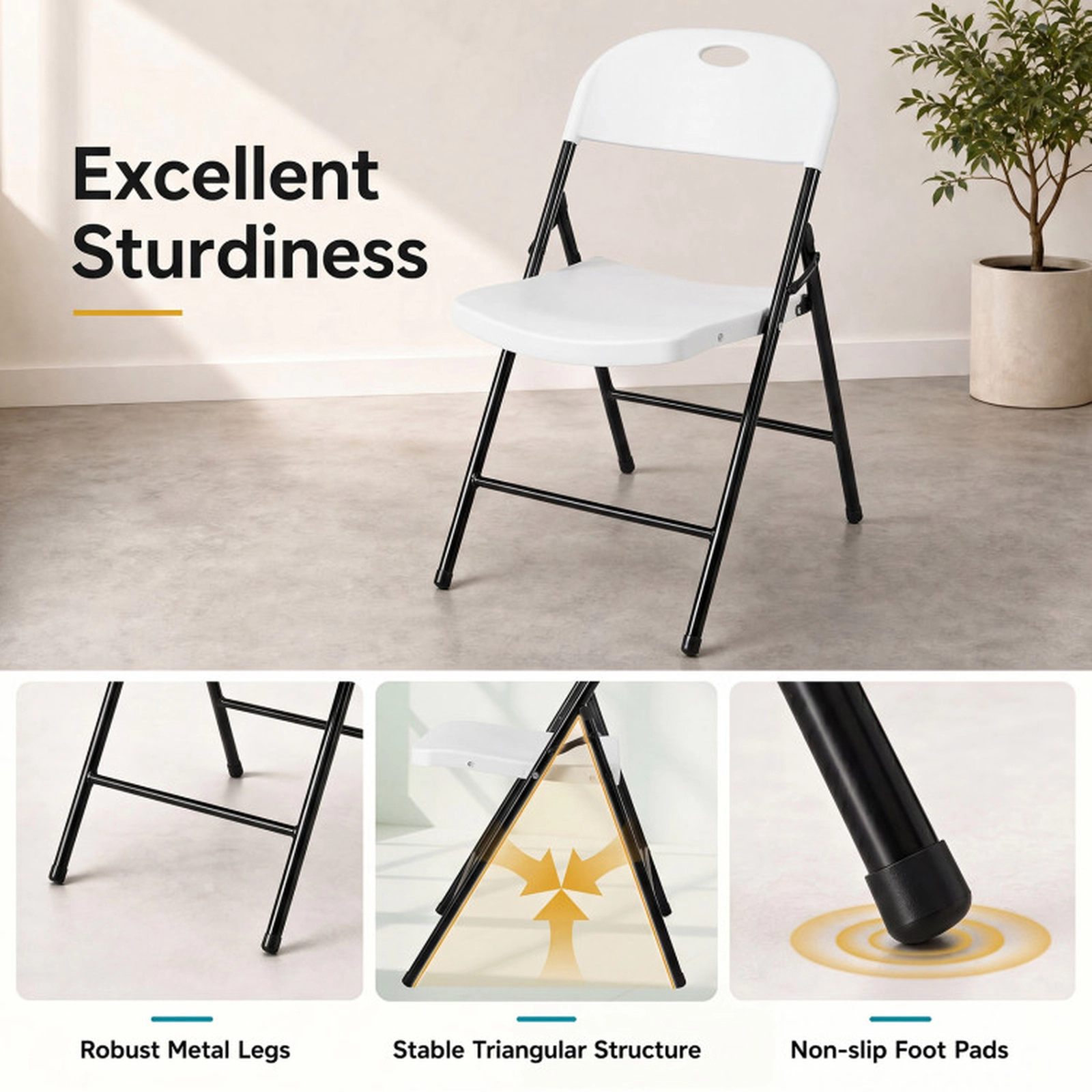 SUGIFT Foldable Plastic Dining Chair Set with Ergonomic Backrest 330-Lb Capacity White/Black